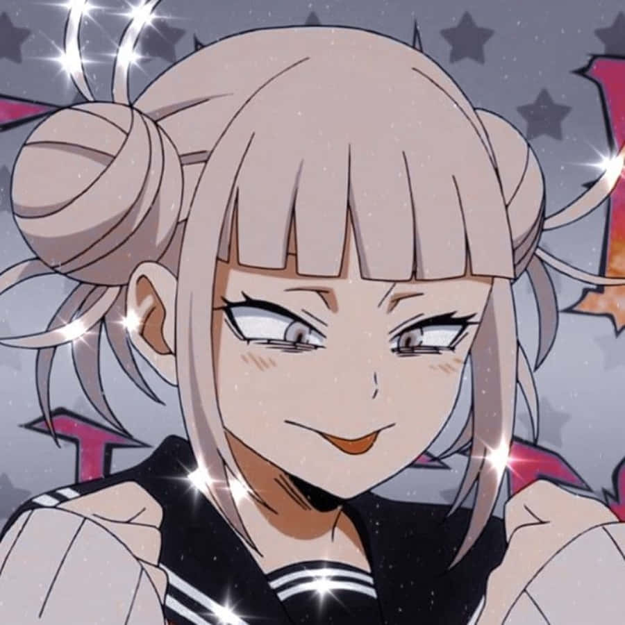 Aesthetic Anime Profile 桌布 壁紙 — 一位淺粉紅色雙馬尾的可愛動漫女孩，在星光背景和閃爍效果中燦爛微笑。