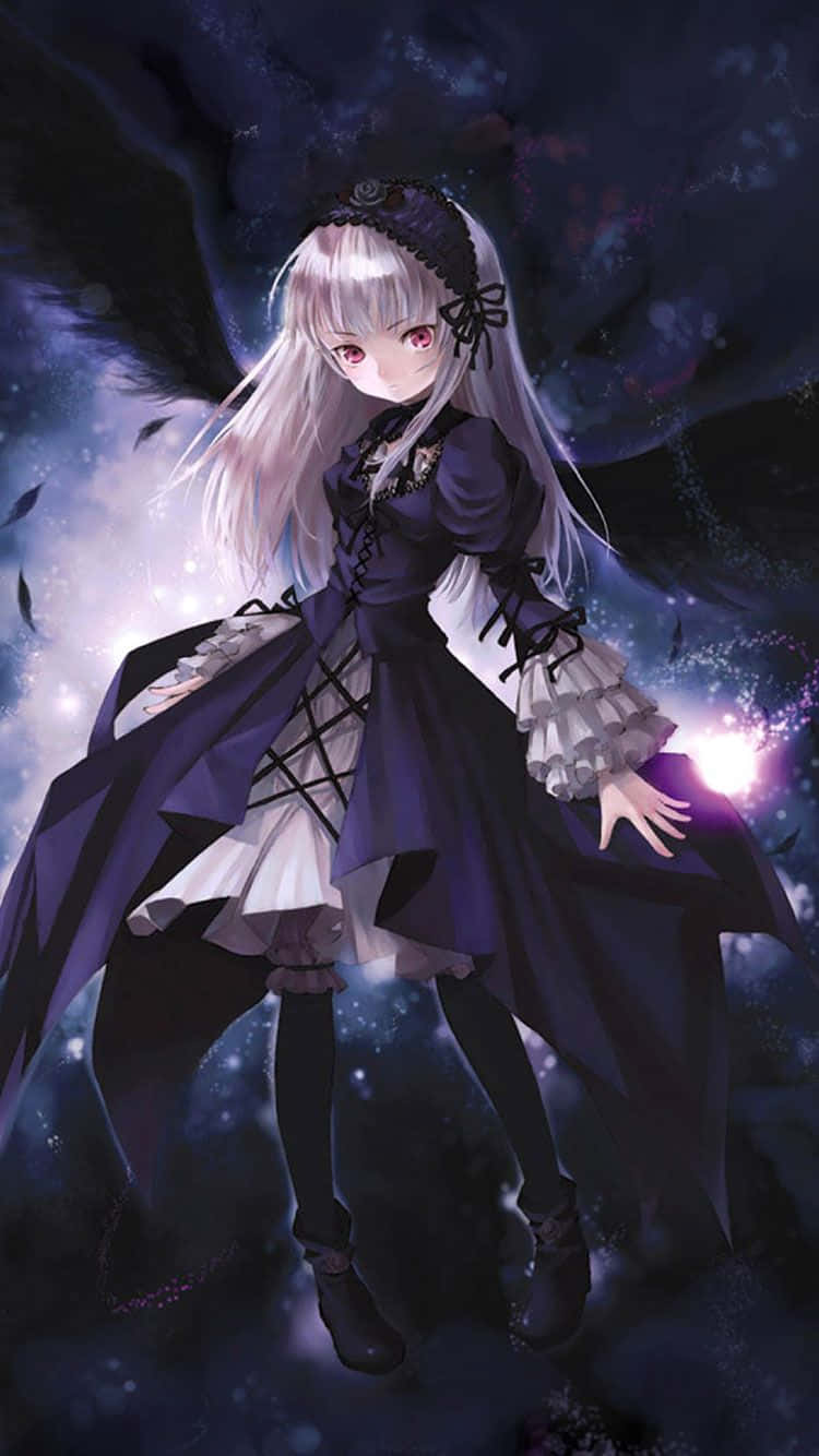 淺色頭髮和深色連衣裙的動漫女孩在宇宙空間中漂浮，伴隨著發光的粒子。 — iPhone 14 壁紙