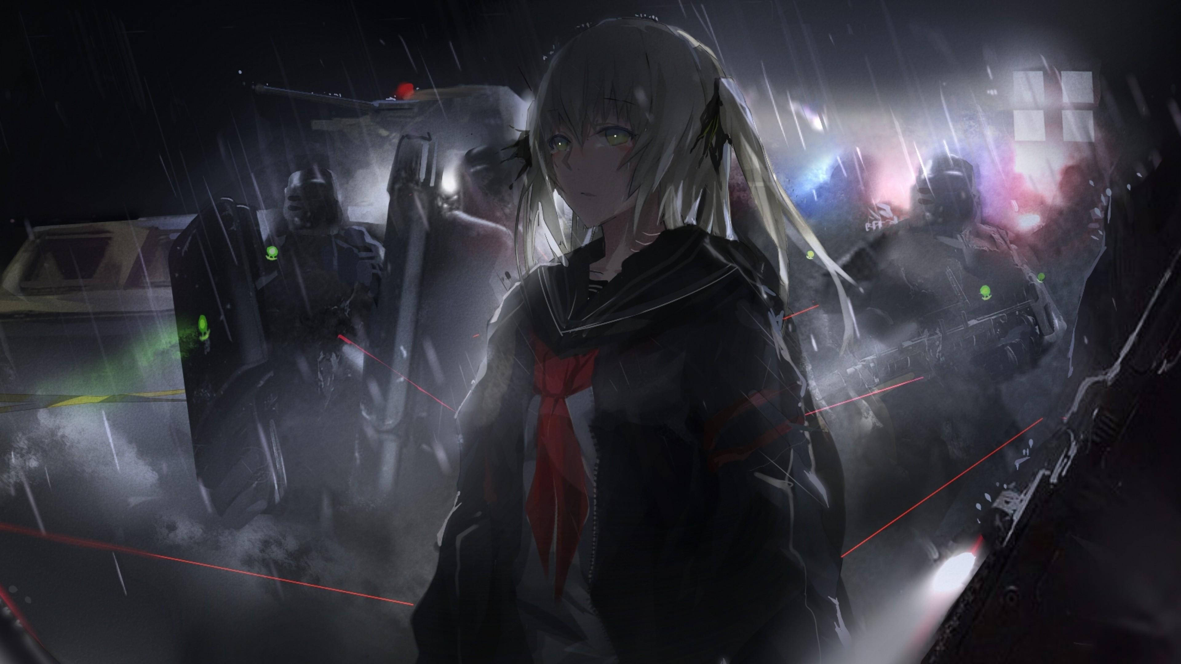 動漫女孩 桌布 壁紙 — 一位淺色頭髮的動漫女孩穿著深色校服，在雨夜場景中與武裝士兵和發光的紅色雷射光束對峙而立。