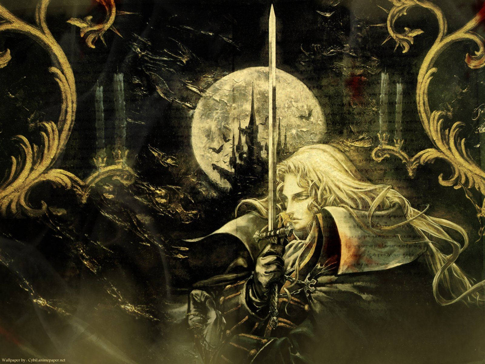 Castlevania 桌布 壁紙 — 一位淺色頭髮的戰士在黑暗背景下持劍，背景有月光下的城堡和華麗的金色漩渦。