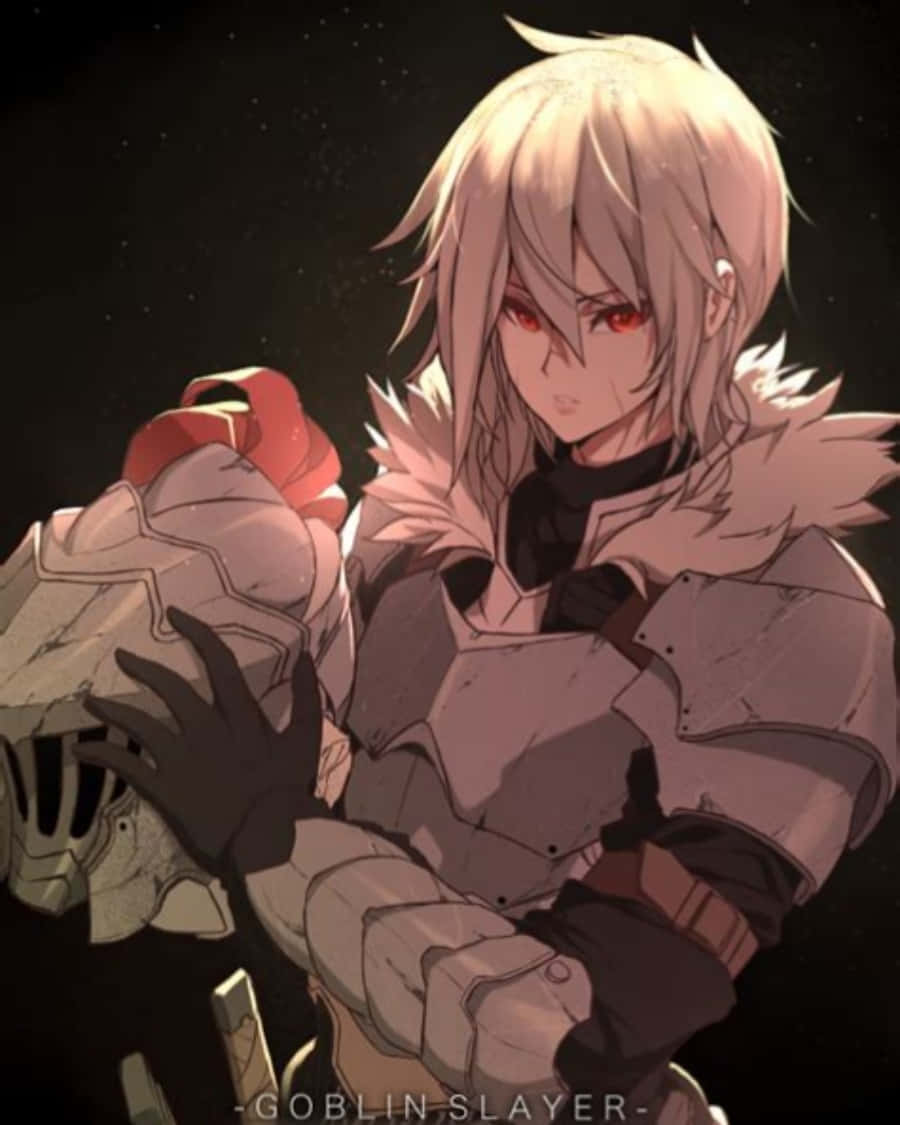 Goblin Slayer 桌布 壁紙 — 一位淺髮的動漫戰士，紅眼睛，在星空下舉著頭盔。
