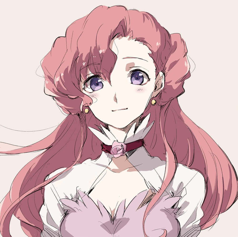 Euphemia Li Britannia 桌布 壁紙 — 一位溫柔的動漫女孩，粉紅色頭髮和紫色眼睛，穿著白色襯衫搭配玫瑰頸鍊，微笑著。
