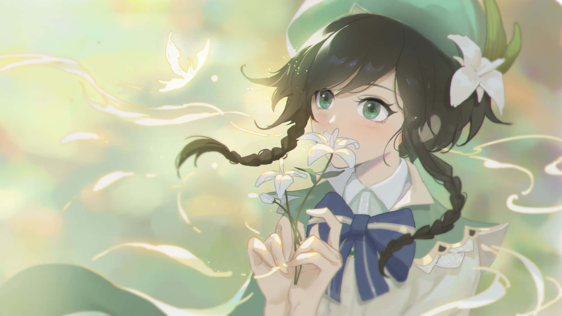 Venti 桌布 壁紙 — 一位溫柔的動漫女孩，編著辮子，綠色眼睛，手持白色百合花，柔軟發光的絲帶在她周圍旋轉，營造出夢幻的粉彩迷霧。