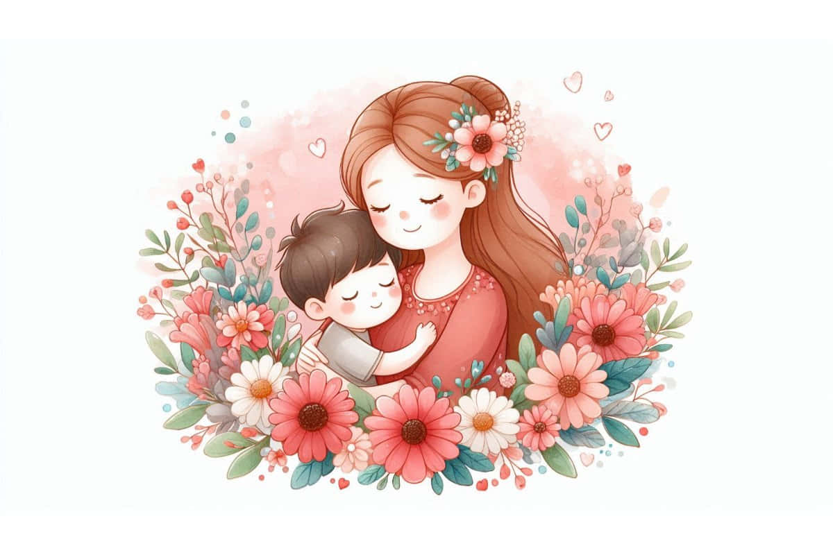 Floral Mother's Day Background 壁紙 — 一位溫柔的卡通母親擁抱著她熟睡的孩子，周圍是充滿活力的花環，帶有柔和的粉紅色、桃色和綠色色調。