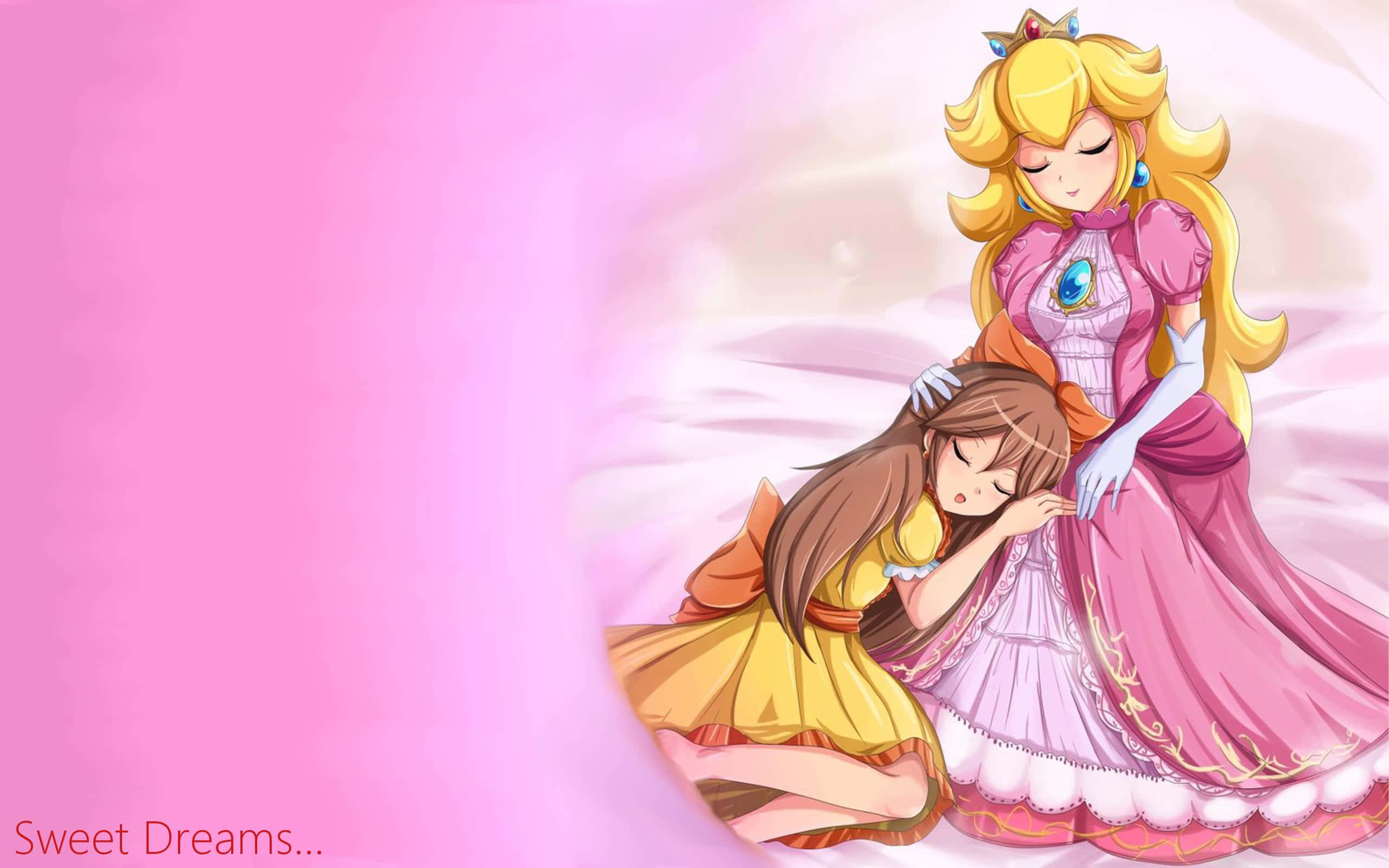 princess peach 桌布 壁紙 — 一位溫柔的粉紅色動畫公主在柔和的粉紅色背景中安慰一位穿著黃色衣服的睡著女孩。