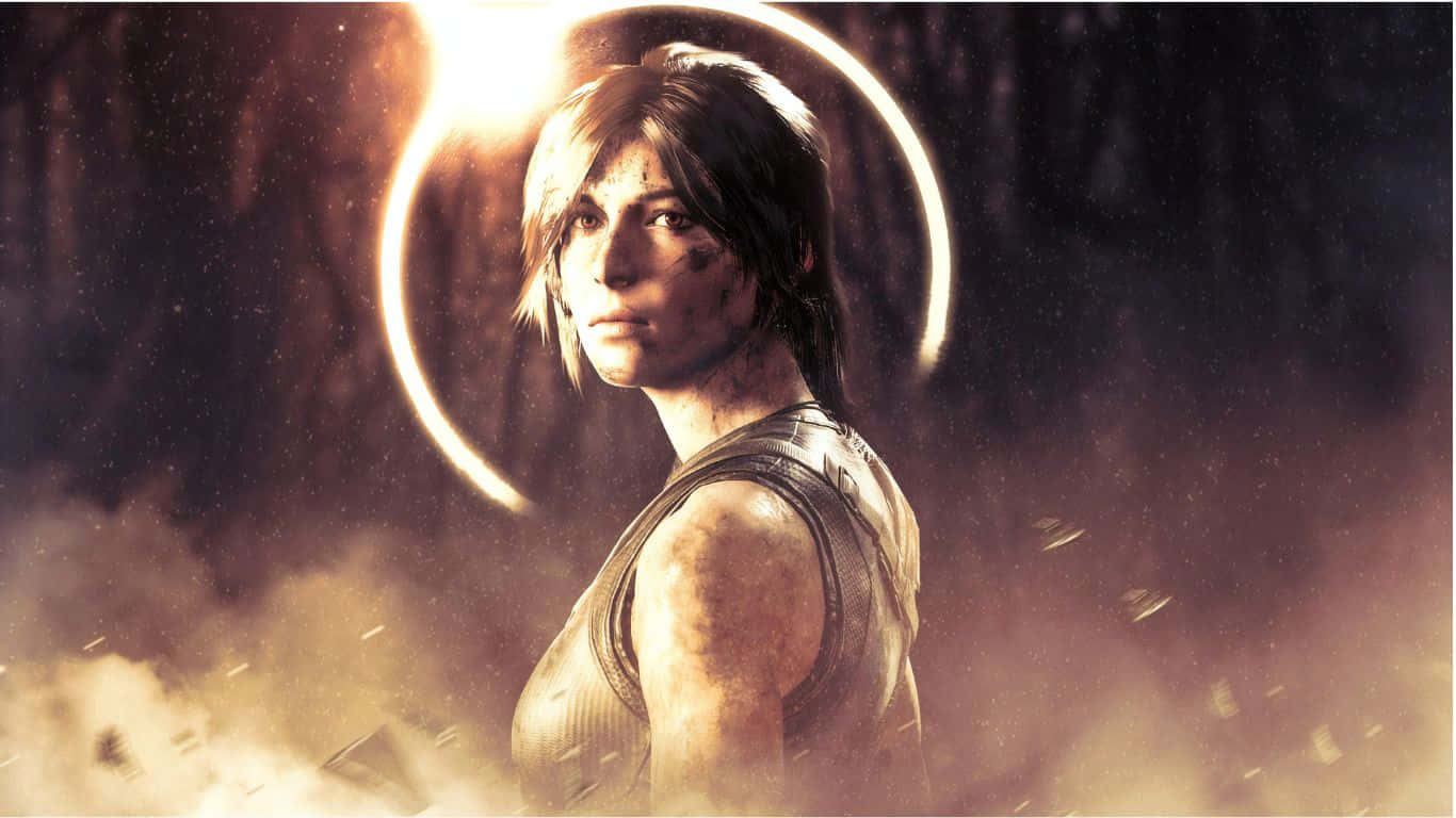 1366x768 Shadow Of The Tomb Raider 桌布 壁紙 — 一位滿臉污垢、意志堅定的女性冒險家站在煙霧瀰漫的廢墟中，身後懸浮著一個發光的環。