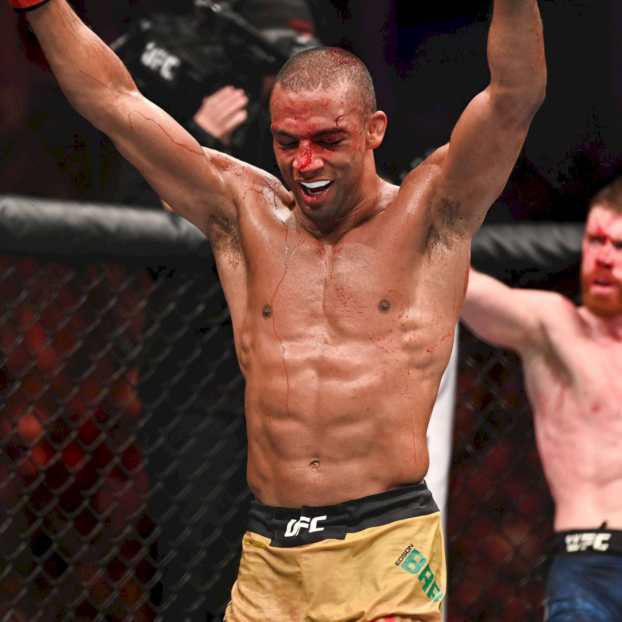 Victory 桌布 壁紙 — 一位滿臉鮮血、高舉雙臂的UFC勝利拳手在八角籠內慶祝一場殘酷的比賽勝利。
