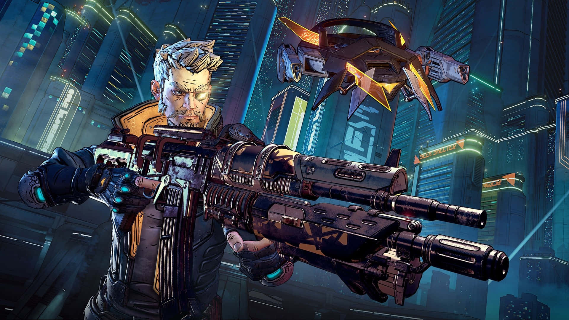 HD Borderlands 3 桌布 壁紙 — 一位滿頭灰白的賽博龐克戰士在霓虹閃爍的摩天大樓和飛行無人機之間，緊握著一把巨大的未來武器。