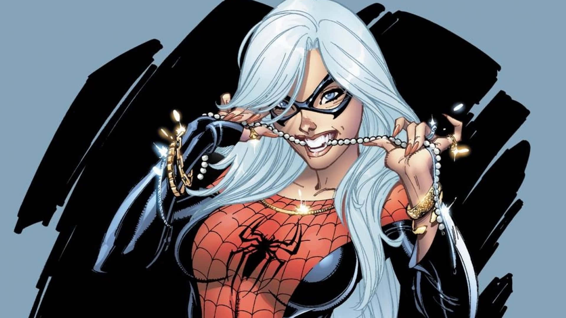 Silver Sable 桌布 壁紙 — 一位漫畫風格的銀髮黑面具女性，在藍黑背景上拿著發光的珍珠項鍊。