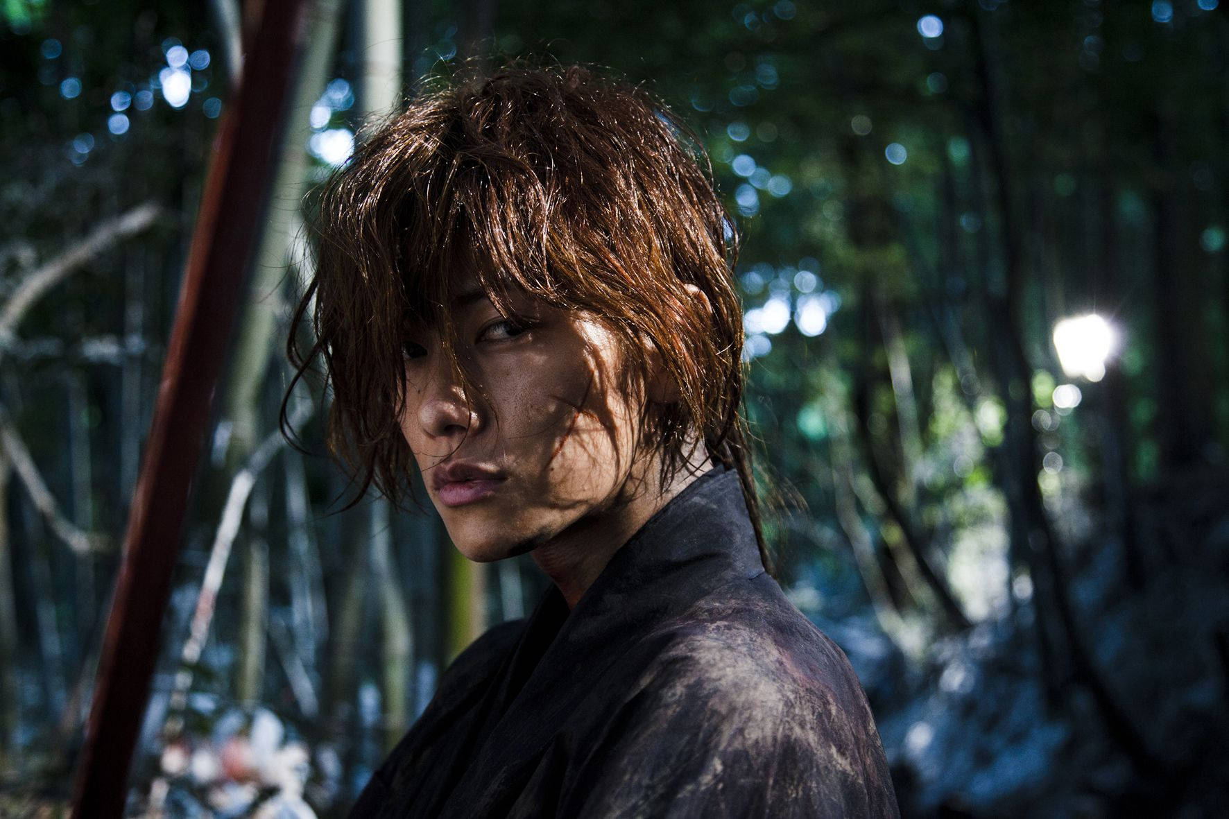 Kenshin 桌布 壁紙 — 一位濕髮戰士身穿深色長袍，透過陽光明媚的竹林凝視，斑駁的光線穿過茂密的綠葉。