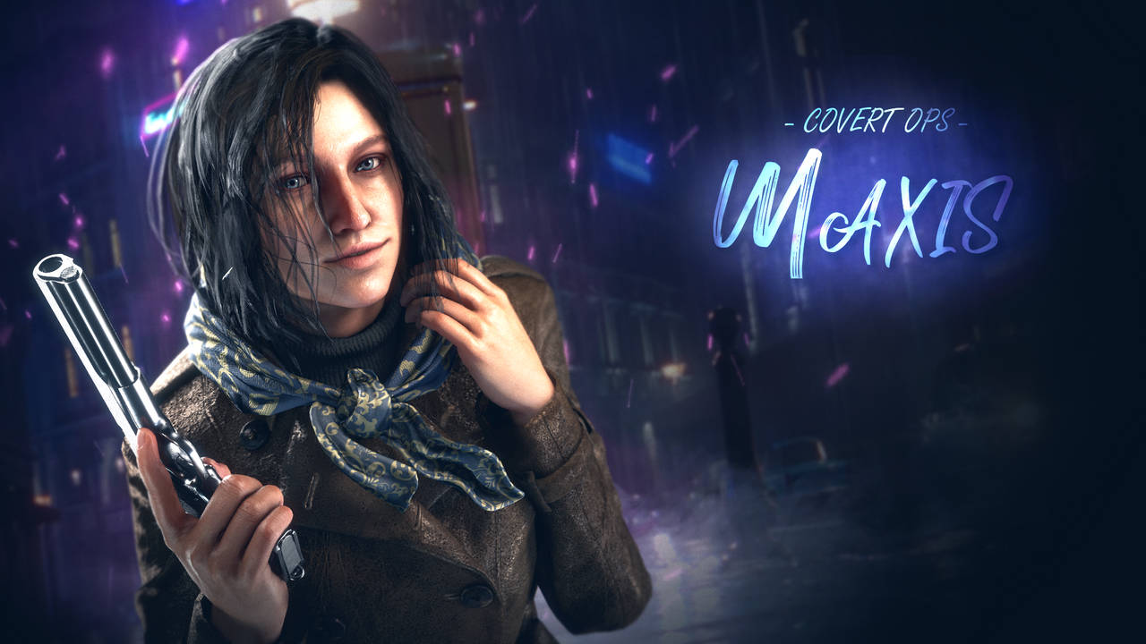 Maxis 桌布 壁紙 — 一位濕髮的堅定女特工在夜晚霓虹燈照亮的雨城市小巷中手持手槍。