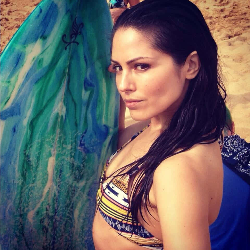 Michelle Borth 桌布 壁紙 — 一位濕黑髮的女性在沙灘上靠著色彩繽紛的衝浪板，沐浴在明亮的陽光下。