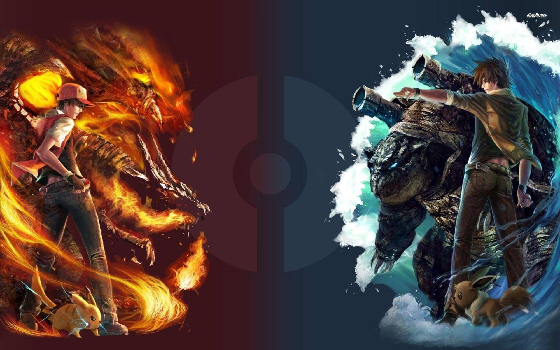 史詩 桌布 壁紙 — 一位火屬性訓練家與一位水屬性訓練家，帶著巨型寶可夢，在戲劇性的分割畫面中對決。