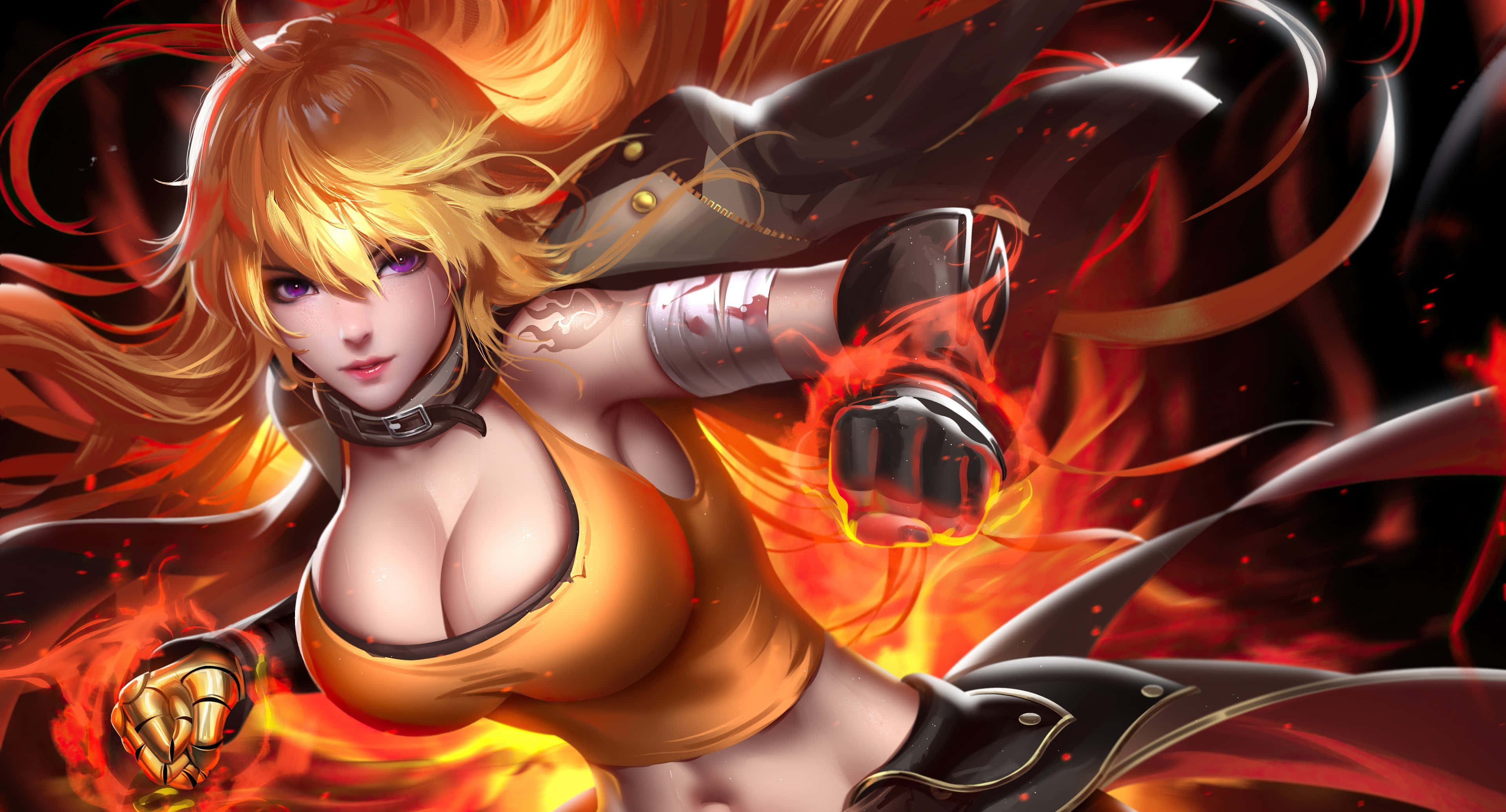 Rwby 桌布 壁紙 — 一位火焰頭髮的動漫戰士身穿橙色和黑色盔甲，在黑暗背景下釋放火焰拳。