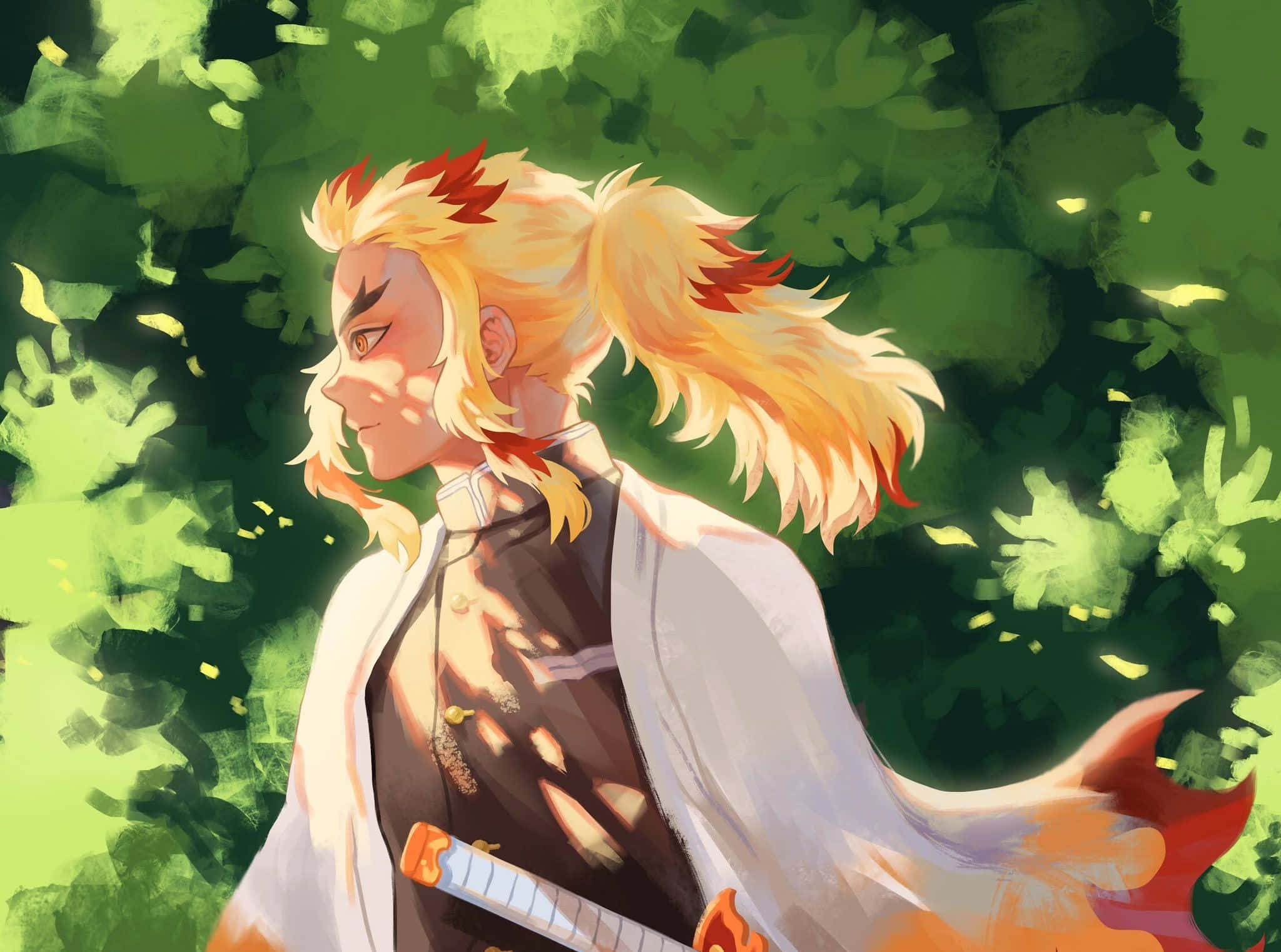 Rengoku Aesthetic 桌布 壁紙 — 一位火焰髮色的動漫戰士身穿黑白鎧甲，站在茂密的綠葉中，陽光穿過樹葉灑落。