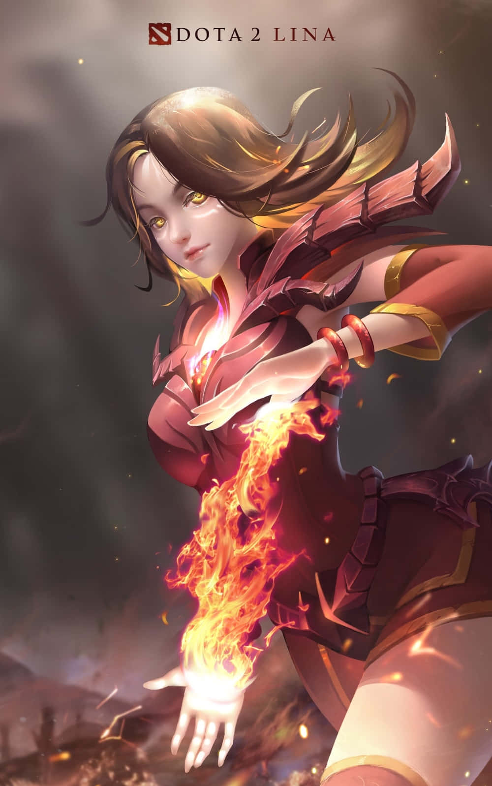 Dota 2 Lina 桌布 壁紙 — 一位火熱的 Dota 2 英雄莉娜，在煙霧瀰漫的戰場背景下，以飄逸的頭髮和發光的眼睛引導熾熱的魔法。