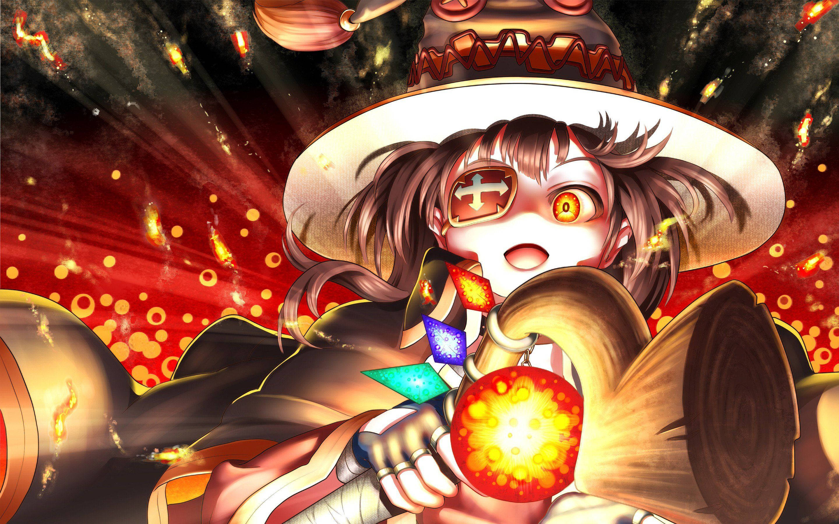Megumin 桌布 壁紙 — 一位火熱的動漫女巫，眼睛發光，戴著寬邊帽，在燦爛的紅金色宇宙背景下揮舞著魔法杖。