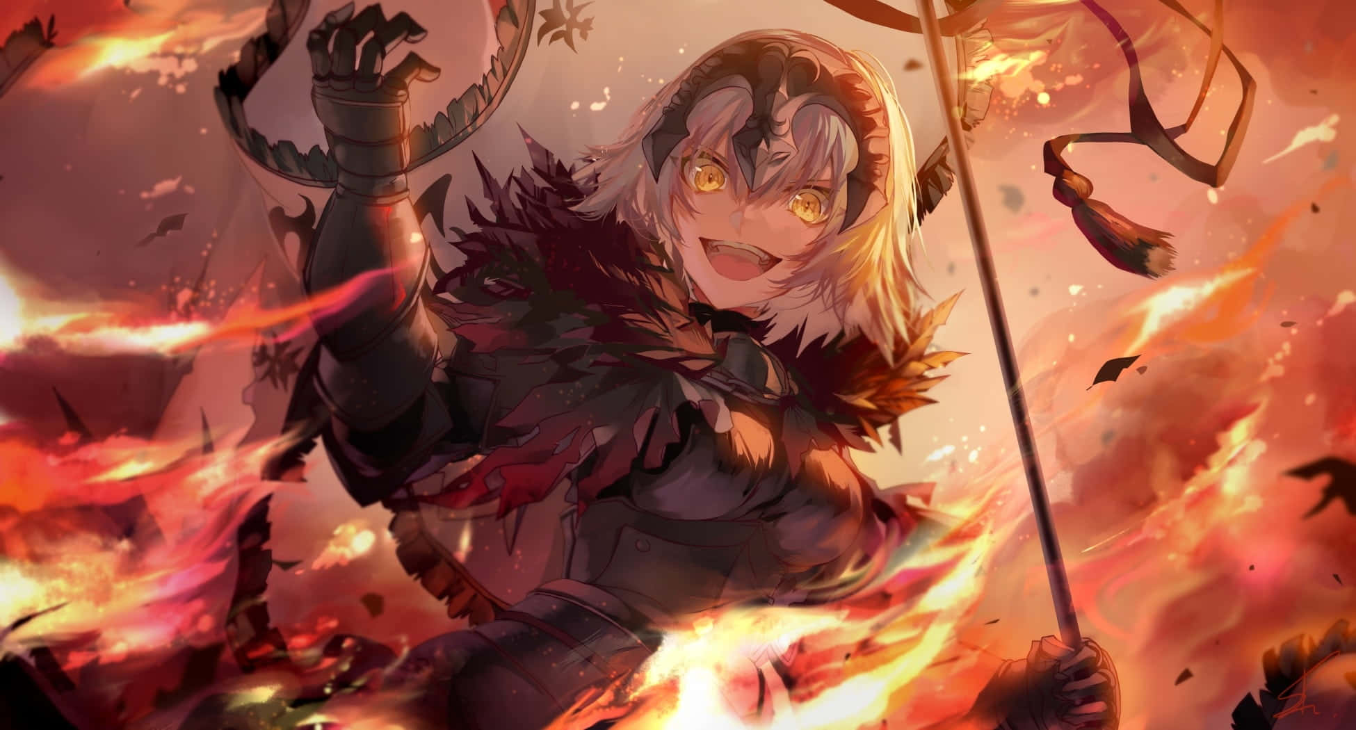 Fate/Grand Order 桌布 壁紙 — 一位火熱的動漫戰士，擁有發光的眼睛和秋葉，在橙色和紅色的火焰中揮舞武器。