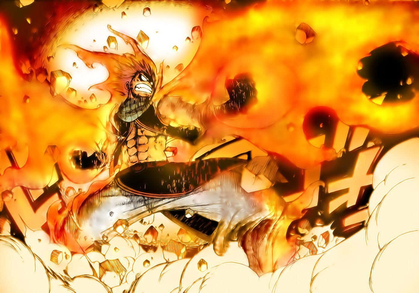 natsu dragneel 桌布 壁紙 — 一位火熱的動漫戰士，有著尖刺頭髮和堅定的表情，釋放出橙色火焰和破碎碎片的強大爆炸。