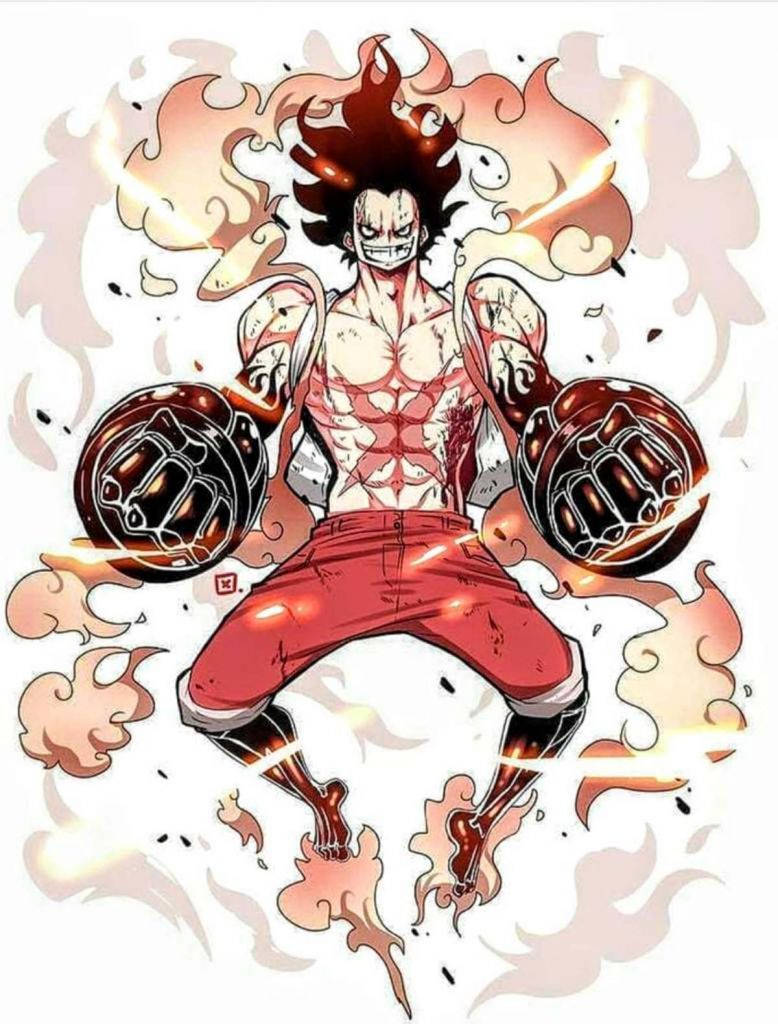 luffy gear 4 桌布 壁紙 — 一位火熱的動漫戰士，有著尖刺頭髮和發光的拳頭，以動態姿勢站立，周圍環繞著火焰。