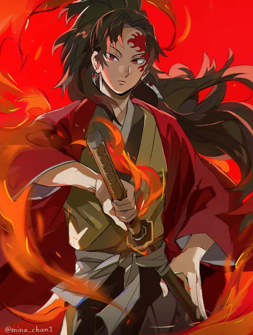 Yoriichi Tsugikuni 桌布 壁紙 — 一位火熱的動漫戰士，紅眼睛，臉上帶有火焰圖案，手持燃燒的劍，背景是熾熱的紅色。