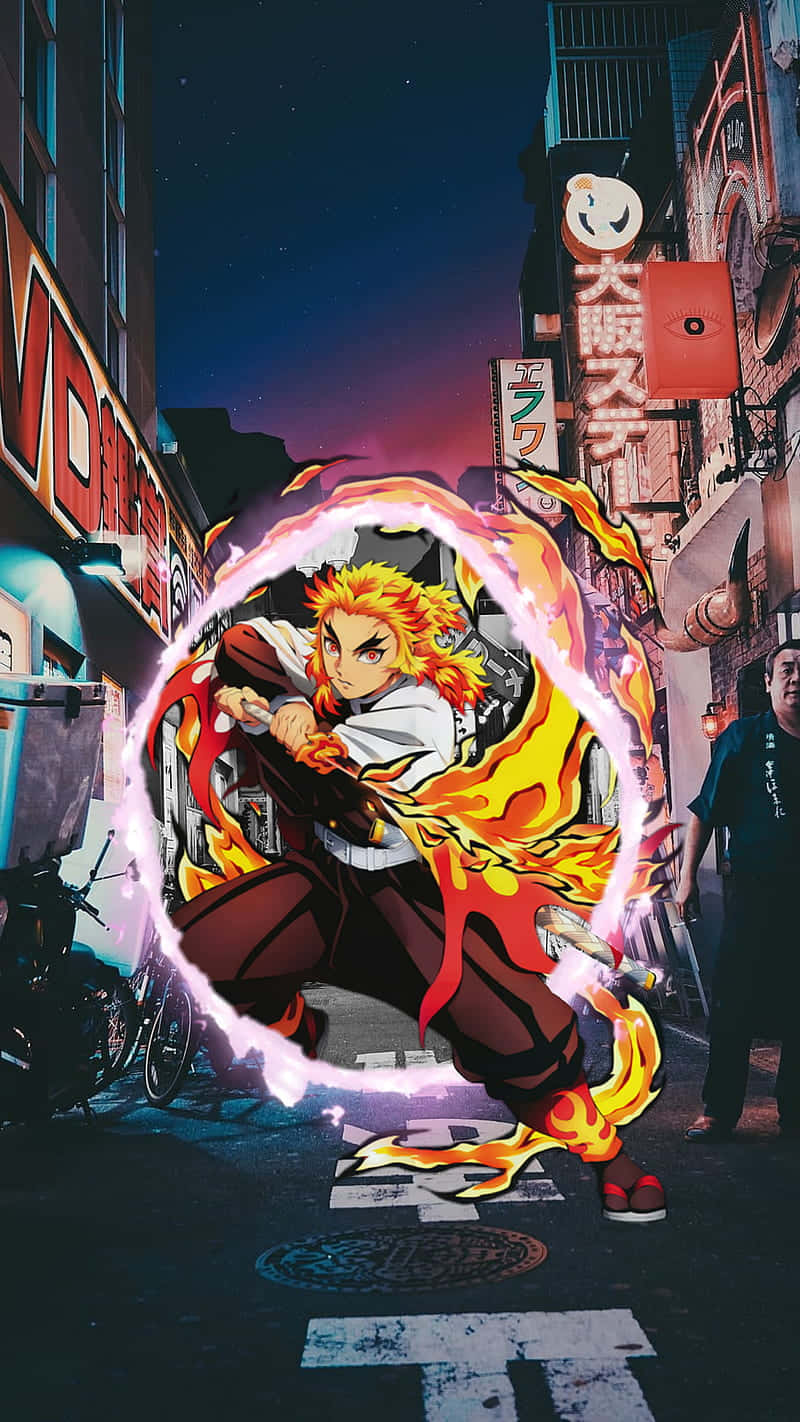 桌布 壁紙 — 一位火熱的動漫戰士在夜晚用發光的能量劃過霓虹燈閃爍的東京小巷。
