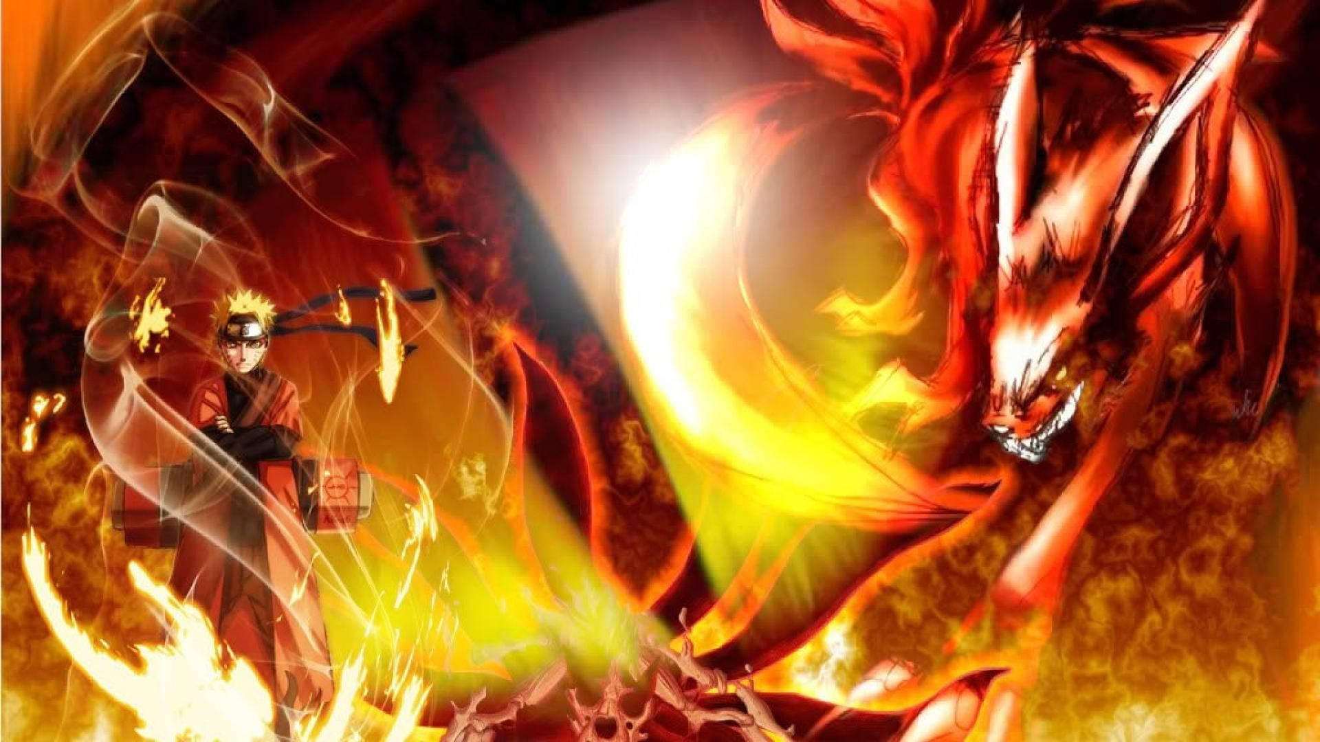 Kurama 桌布 壁紙 — 一位火熱的動漫戰士引導燃燒的查克拉，對抗一隻巨大的九尾狐，展開一場火焰與能量的戲劇性戰鬥。