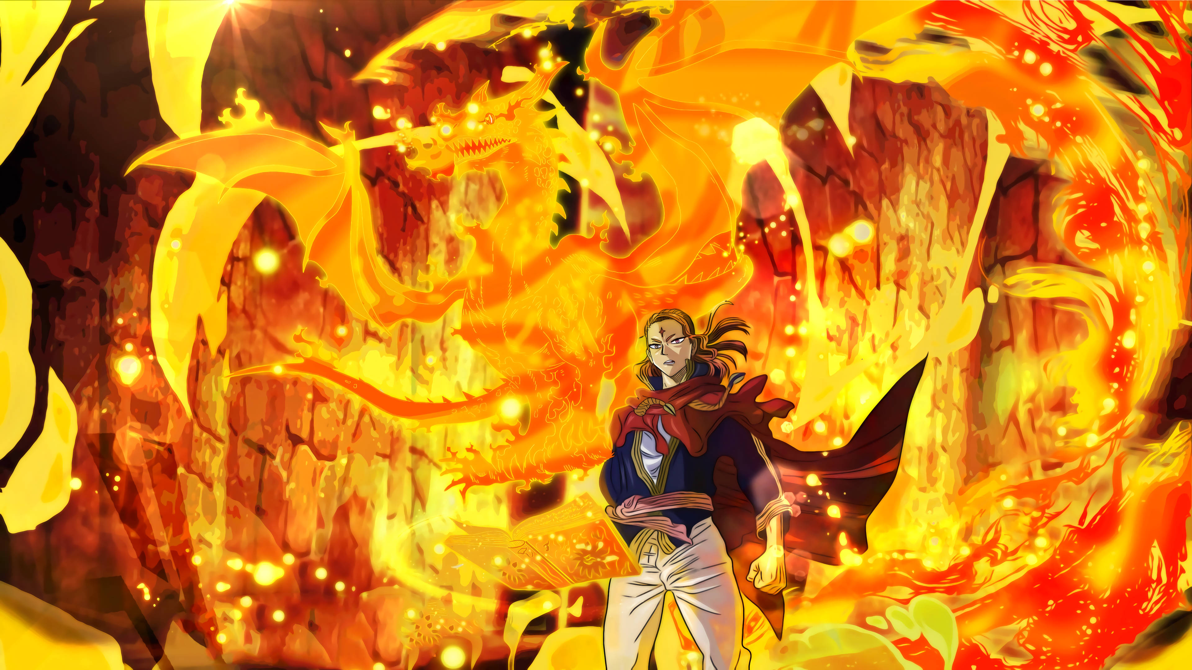 Fire Anime 桌布 壁紙 — 一位火熱的動漫戰士站在發光洞穴中，面對由火焰組成的巨大龍。