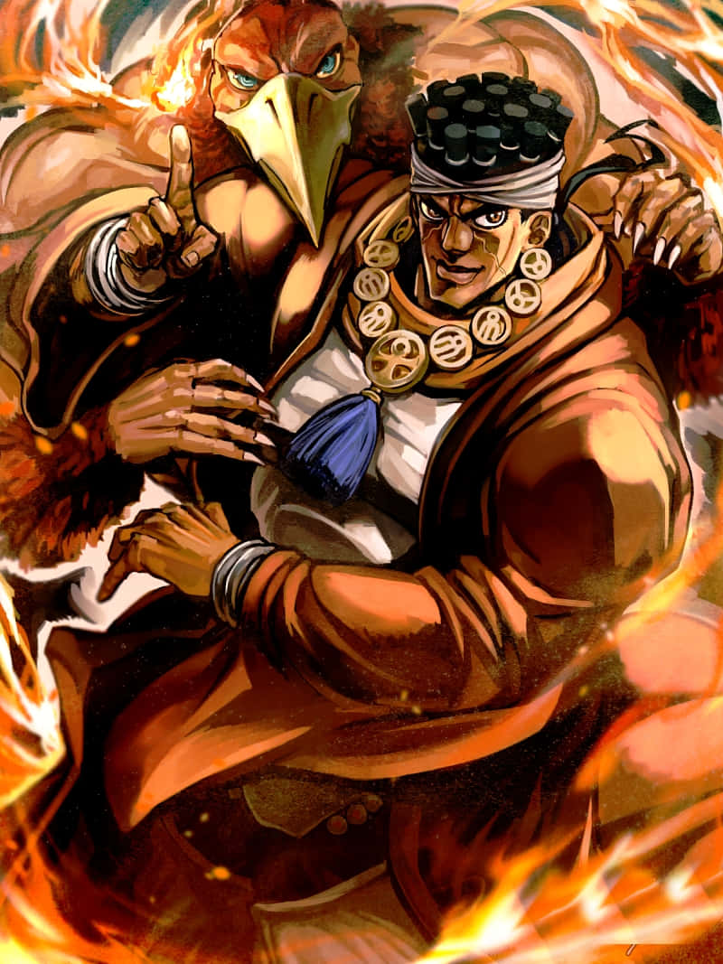 Muhammad Avdol 桌布 壁紙 — 一位火熱的動漫戰士與一位鳥頭同伴在旋轉的火焰中挑釁地站立，擺出動態的戰鬥姿勢。