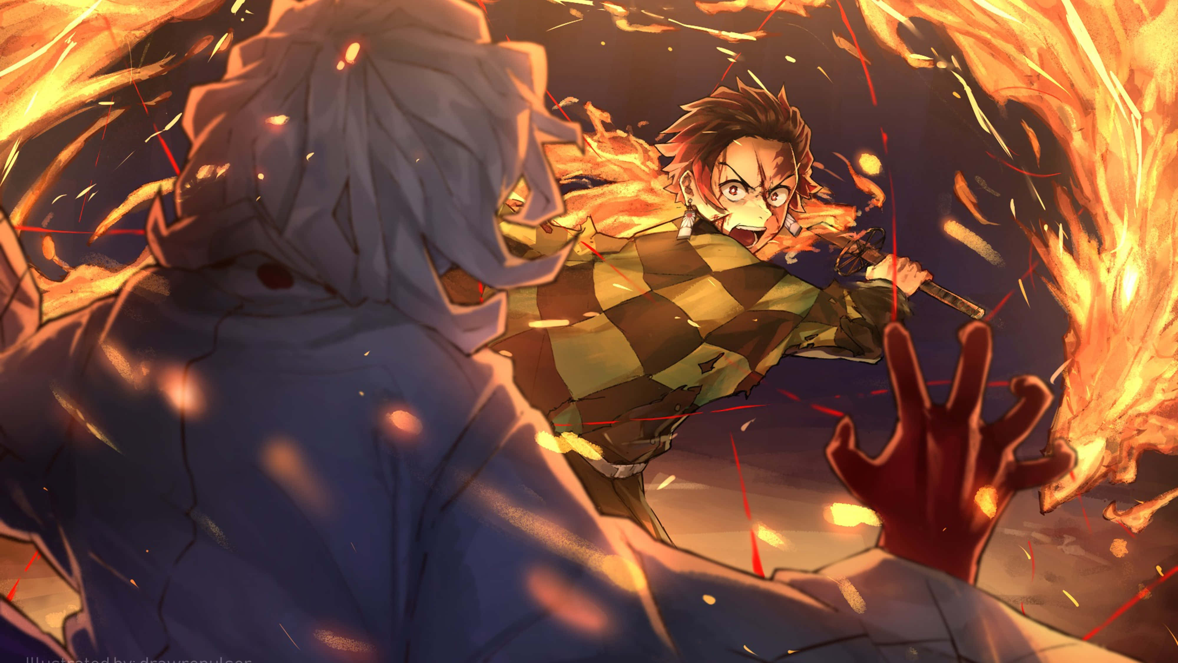 Demon Slayer Zenitsu 4K 桌布 壁紙 — 一位火熱的動漫戰士身穿格子盔甲，手持發光劍向前衝刺，火焰在他周圍爆炸，對抗陰影中的對手。