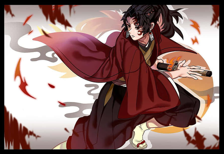 Yoriichi Tsugikuni 桌布 壁紙 — 一位火熱的動漫戰士身穿飄逸的紅色長袍，用火焰之刃劈開煙霧和落葉。