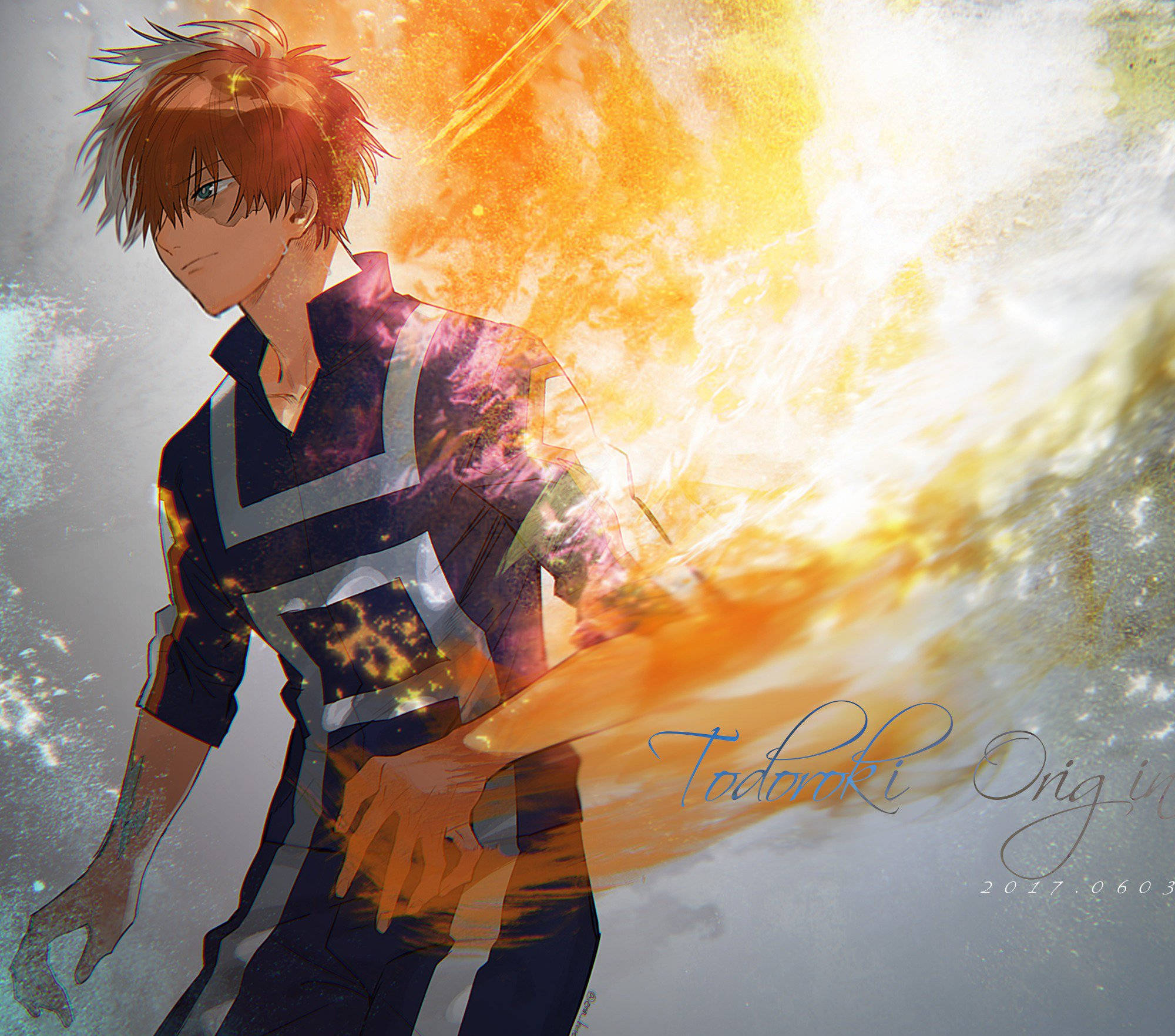 Todoroki Aesthetic 桌布 壁紙 — 一位火熱的動漫英雄，有著尖刺的紅髮和堅定的眼神，從手中釋放出熾熱的橙色能量爆炸。
