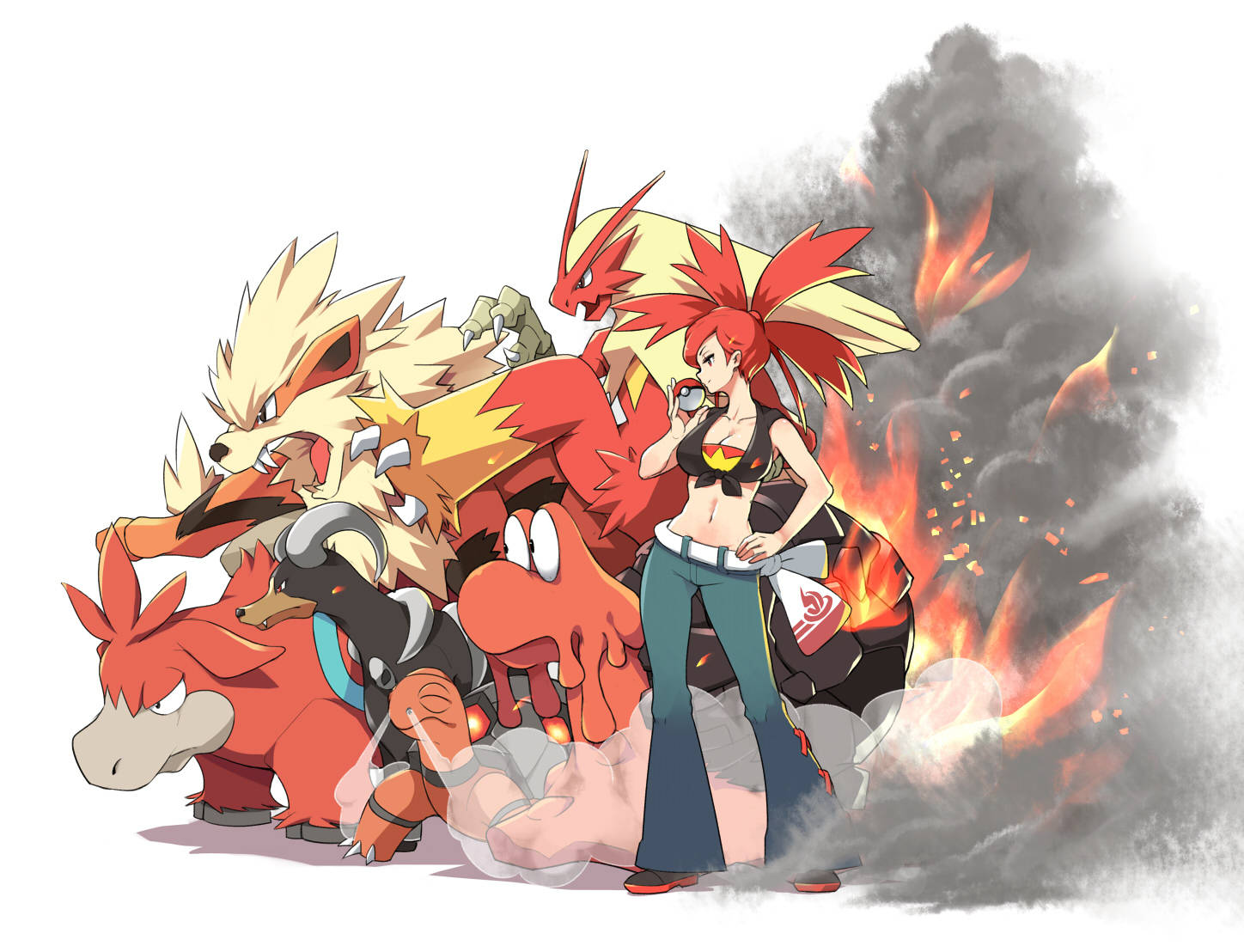 Blaziken 桌布 壁紙 — 一位火熱的紅髮動漫女孩自信地站在她的火系寶可夢隊伍旁邊，周圍煙霧和火焰環繞。