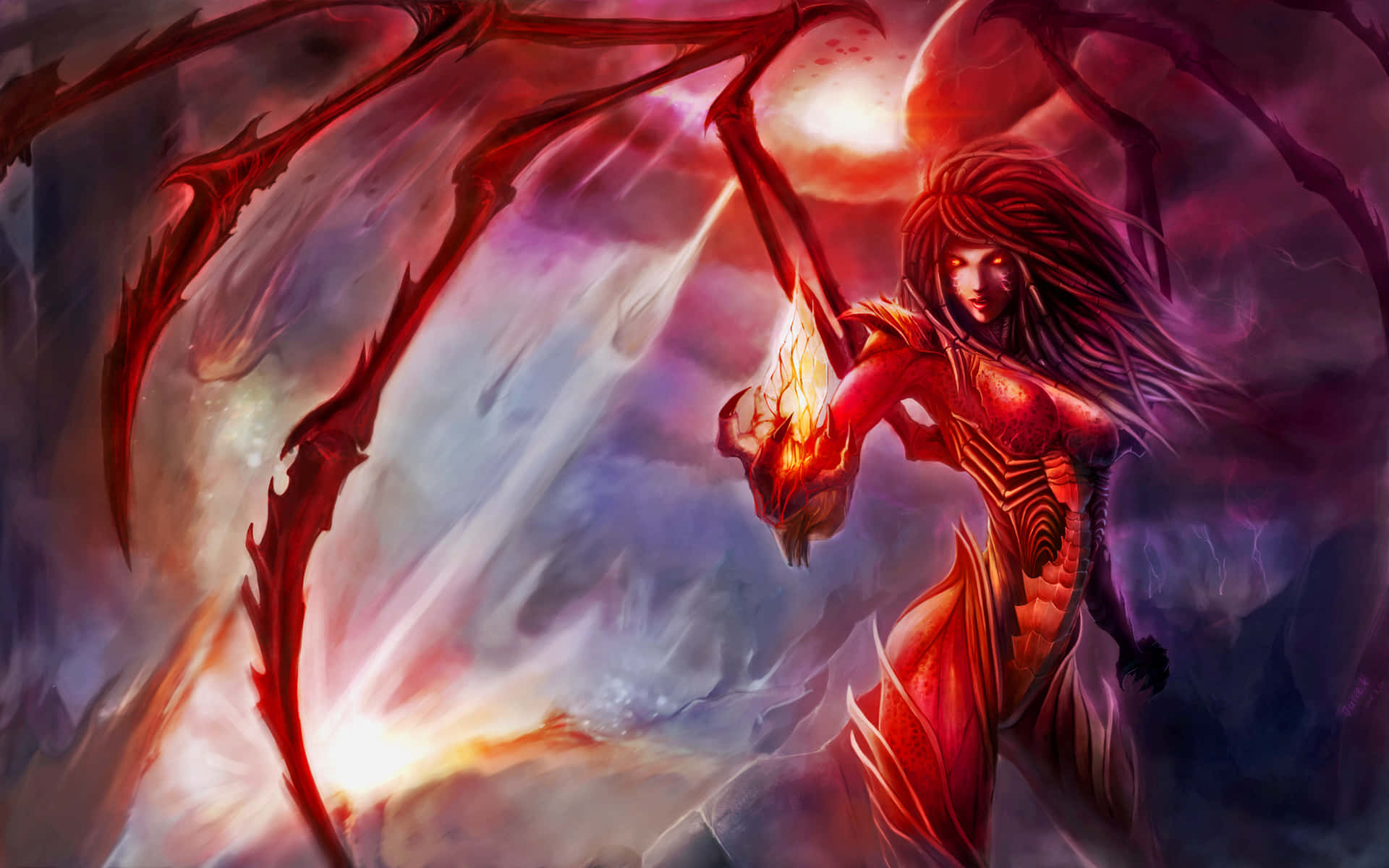 Starcraft Characters 桌布 壁紙 — 一位火紅翅膀的長髮女惡魔，在風暴般的宇宙背景下揮舞著發光的武器。