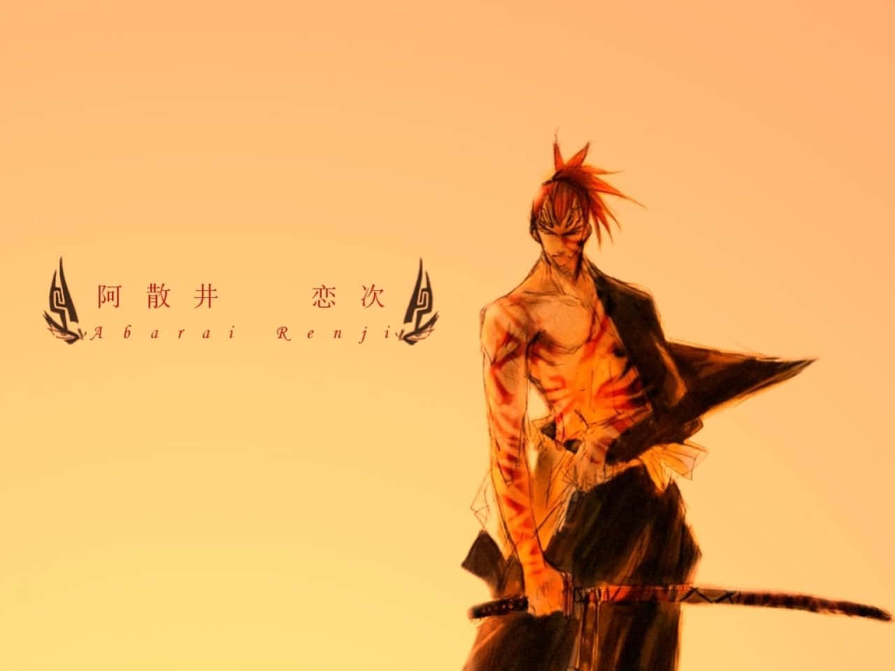 Renji Abarai 桌布 壁紙 — 一位火紅頭髮、虎紋皮膚的動漫戰士自信地站在溫暖的漸變背景前。