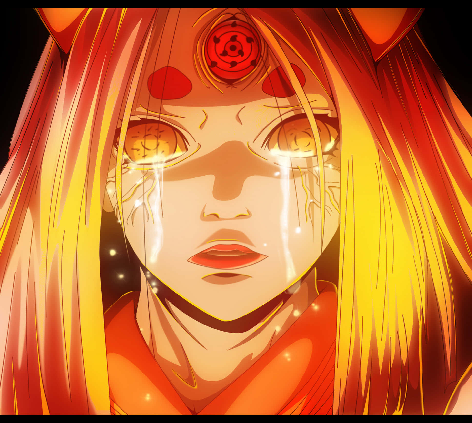 Kaguya Otsutsuki 桌布 壁紙 — 一位火紅頭髮的動漫女孩，眼睛發光，帶有淚痕，在黑暗背景中額頭上戴著紅色封印。
