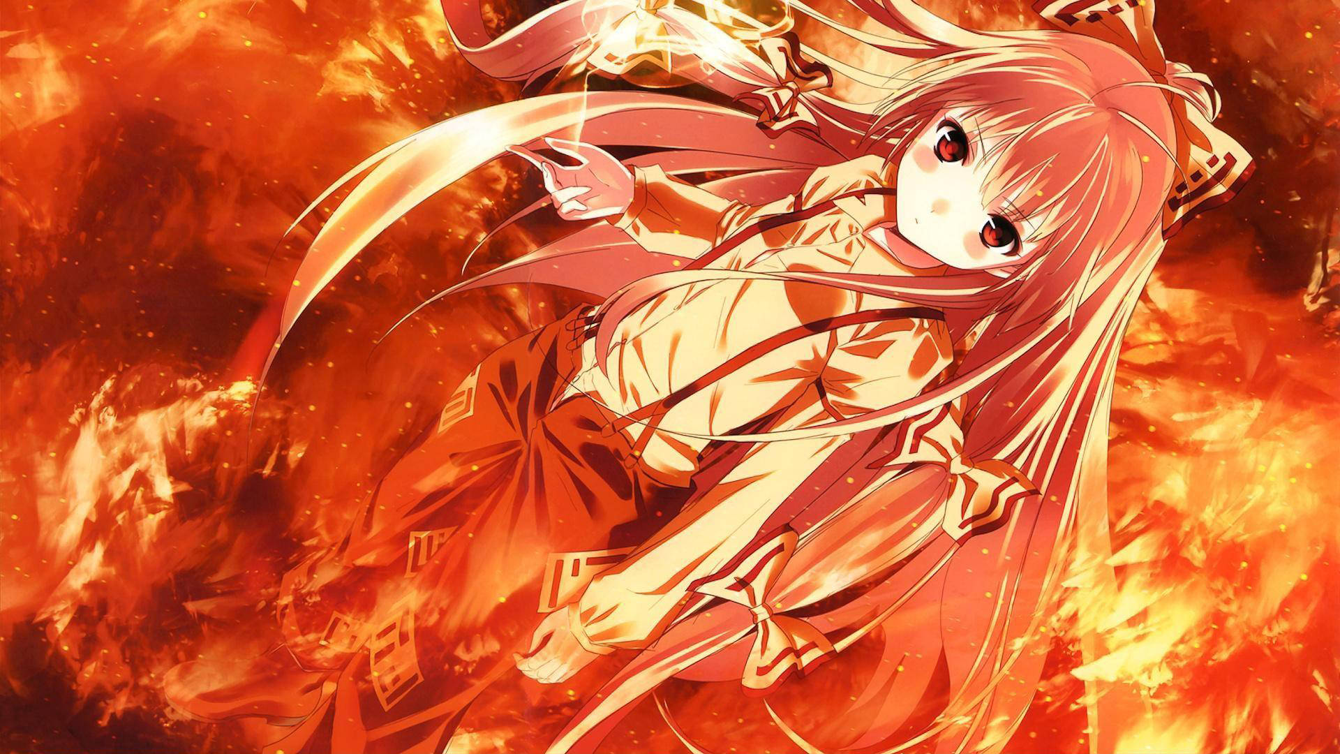 Fire Anime 桌布 壁紙 — 一位火紅頭髮的動漫女孩，紅眼睛，在旋轉的火焰中揮舞著發光的劍，呈現出動態的戰鬥場景。
