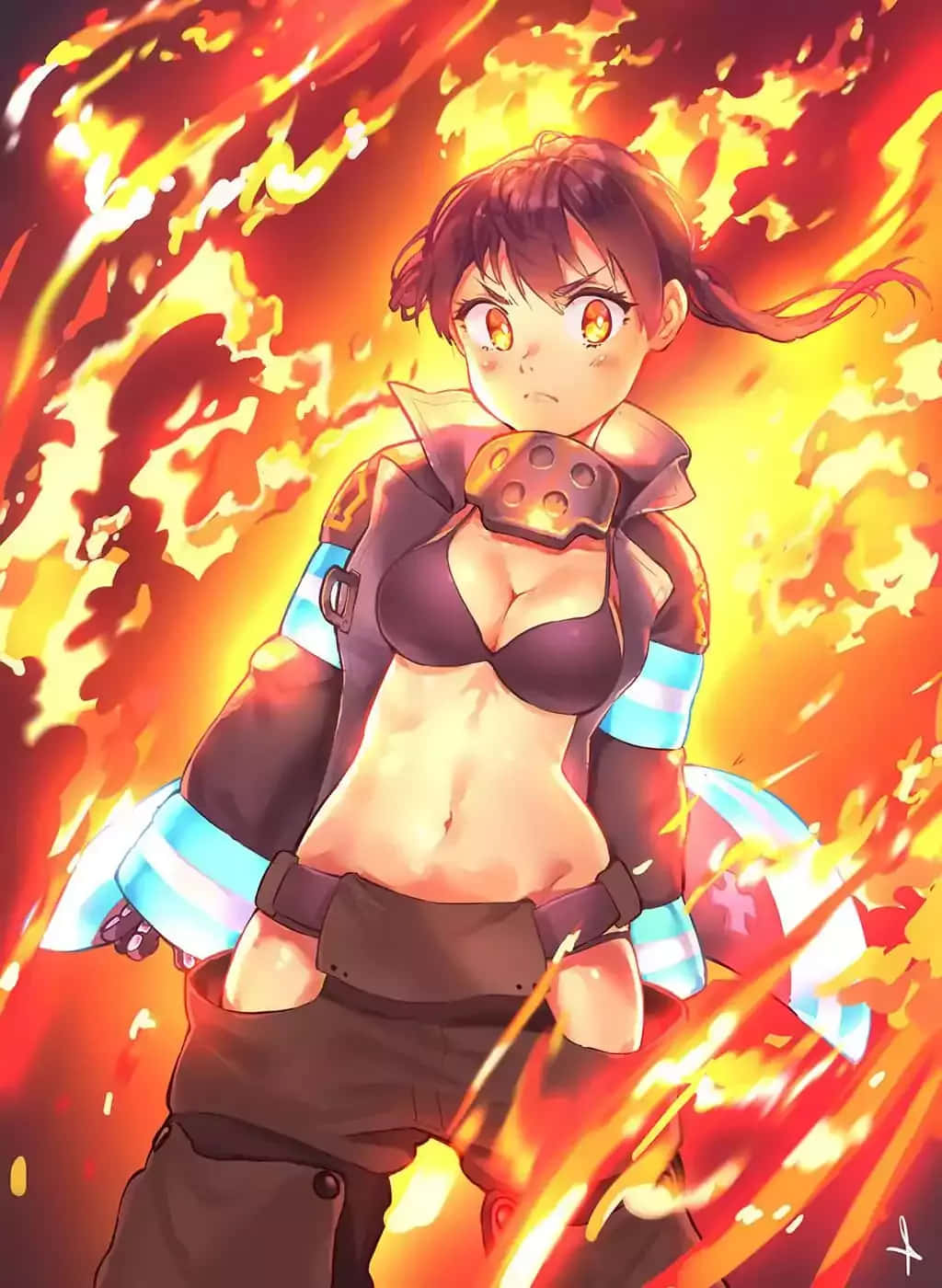 被火焰包圍的動漫消防員女孩，表情堅定。 — Fire Emblem Warriors 壁紙