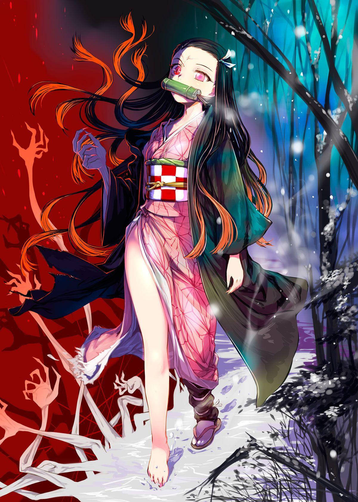 Nezuko iPhone 桌布 壁紙 — 一位火紅頭髮的動漫女孩穿著粉紅色和服，在雪地森林中挑釁地站立，身後的鮮紅色虛空中伸出幽靈般的手。