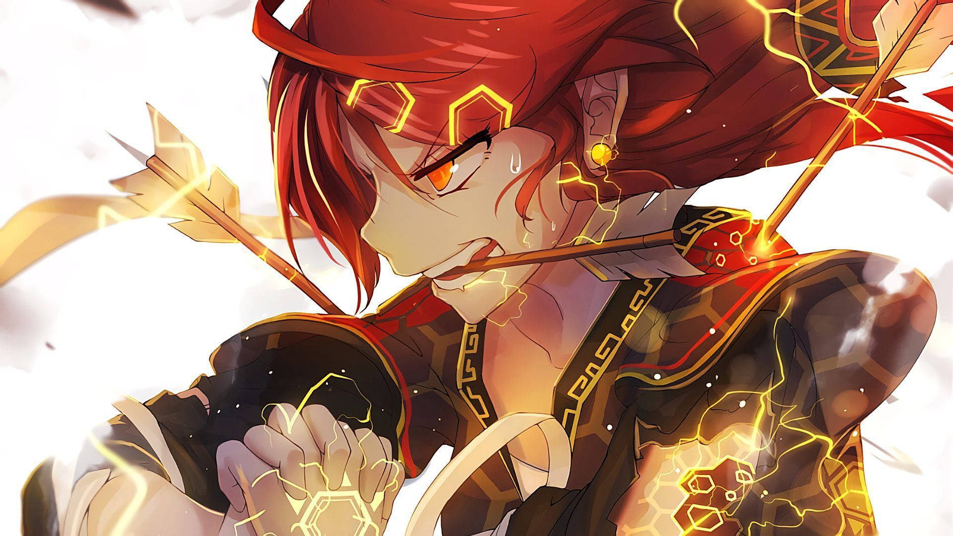 動漫男孩 桌布 壁紙 — 一位火紅頭髮的動漫弓箭手，擁有發光的黃色眼睛和閃電效果，正專注地瞄準弓。