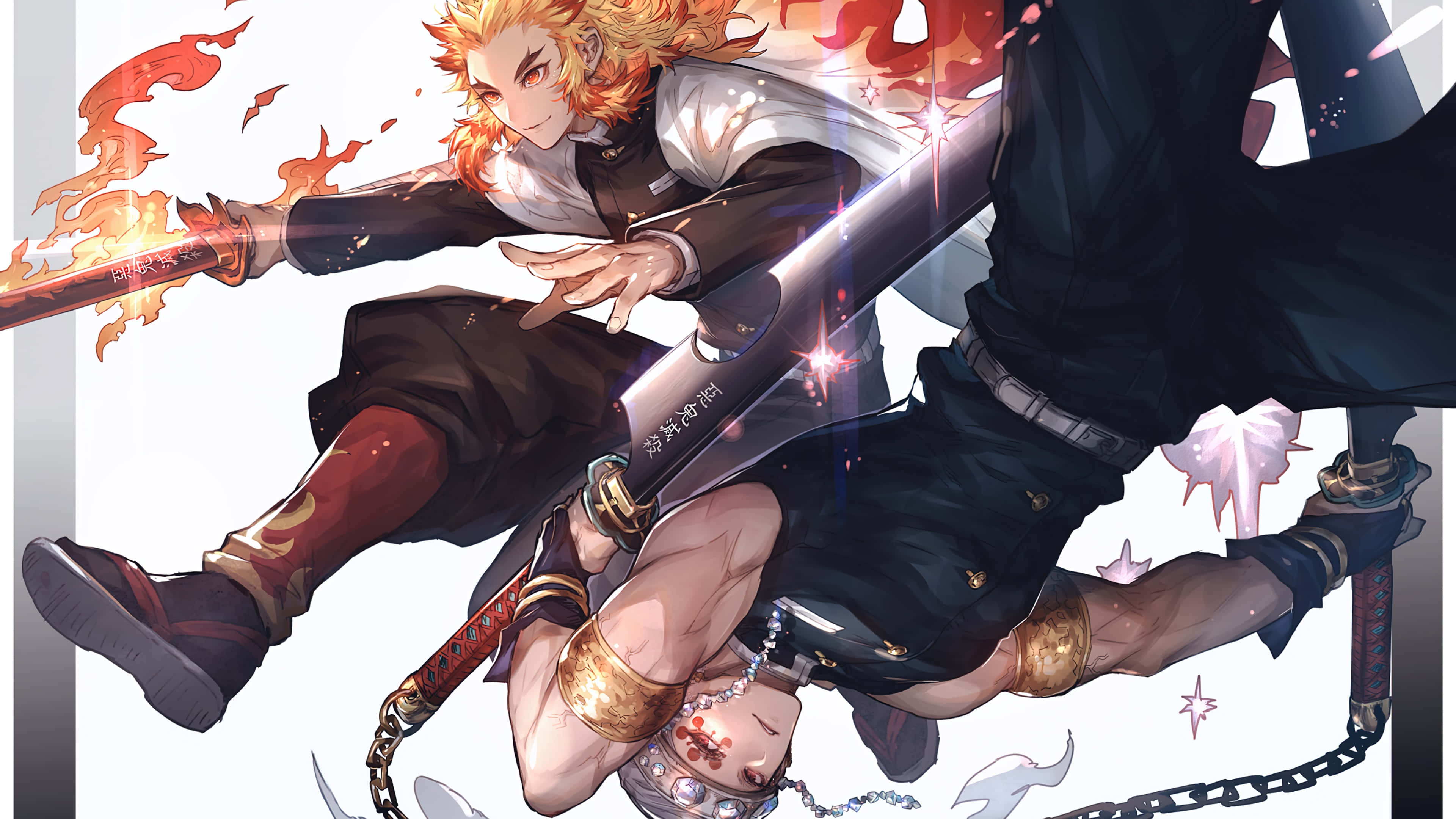 Rengoku And Tengen 桌布 壁紙 — 一位火紅頭髮的動漫戰士，以動態戰鬥姿勢揮舞著火焰劍，對抗一位身穿黑衣的對手。