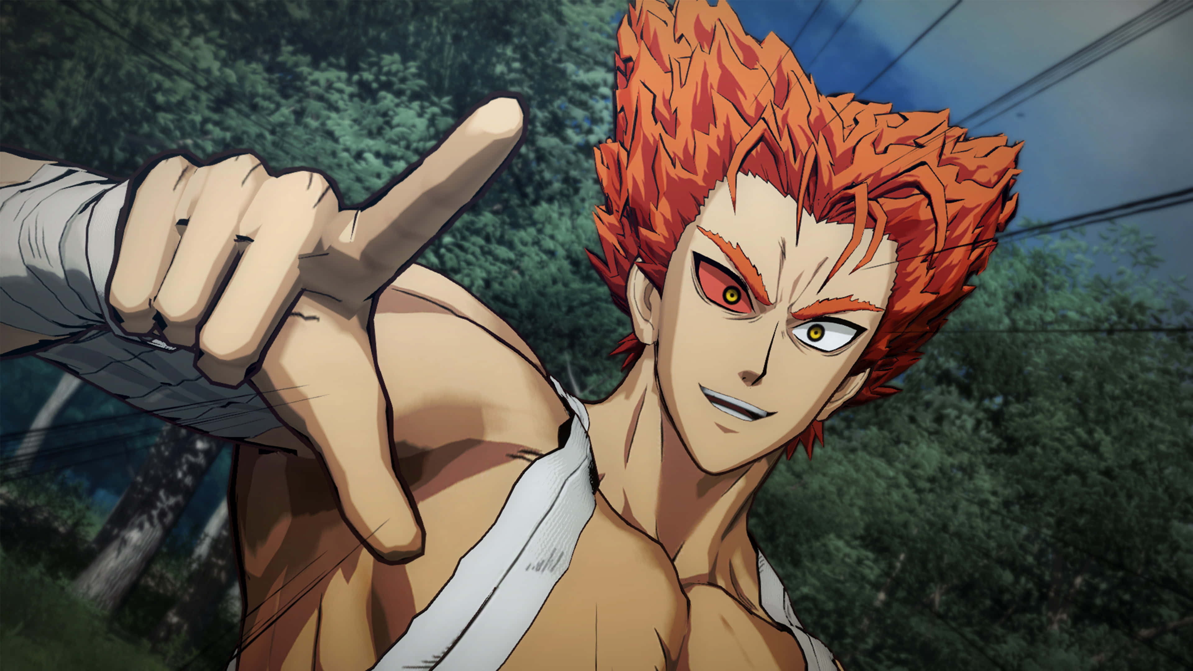 Garou 桌布 壁紙 — 一位火紅頭髮的動漫戰士，在模糊的綠色森林背景下，用銳利的眼神向前指著。