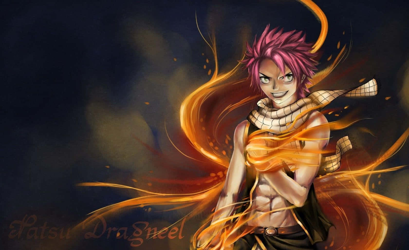 natsu dragneel 桌布 壁紙 — 一位火紅頭髮的動漫戰士，在黑暗煙霧繚繞的背景中，身體周圍環繞著發光的橙色能量漩渦。