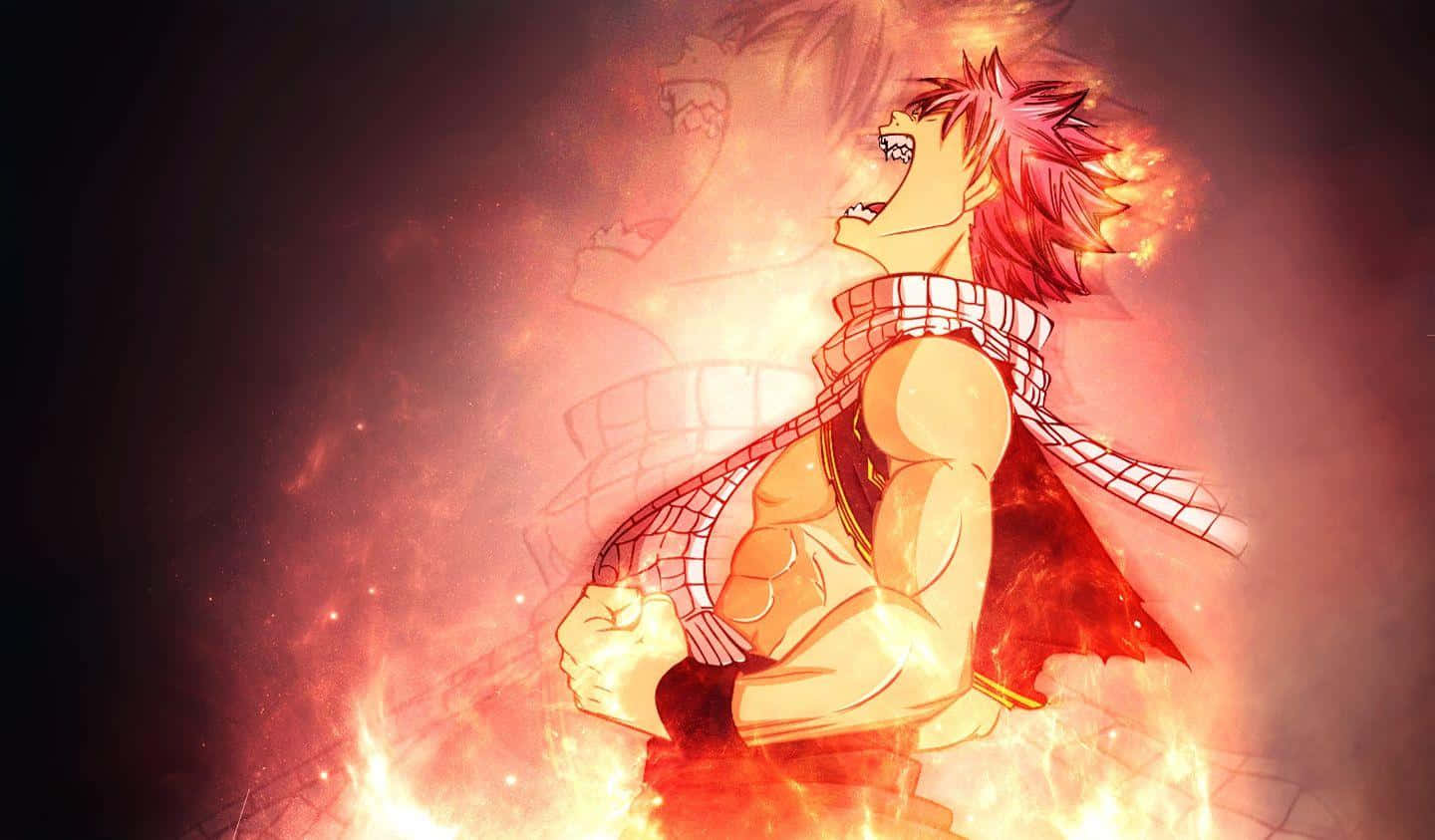 natsu dragneel 桌布 壁紙 — 一位火紅頭髮的動漫戰士，戴著格紋圍巾，站在熾熱的火焰中，表情堅定。