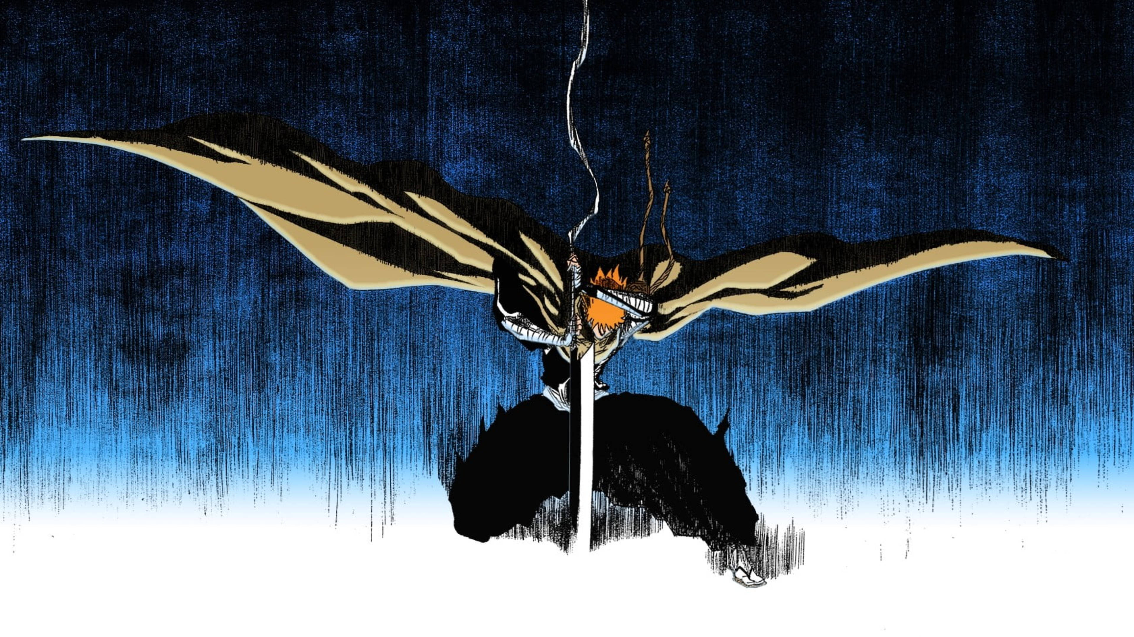 Bankai 桌布 壁紙 — 一位火紅頭髮的動漫戰士，披著巨大的金色斗篷，站在黑色剪影上，背景是戲劇性的藍白漸變天空。