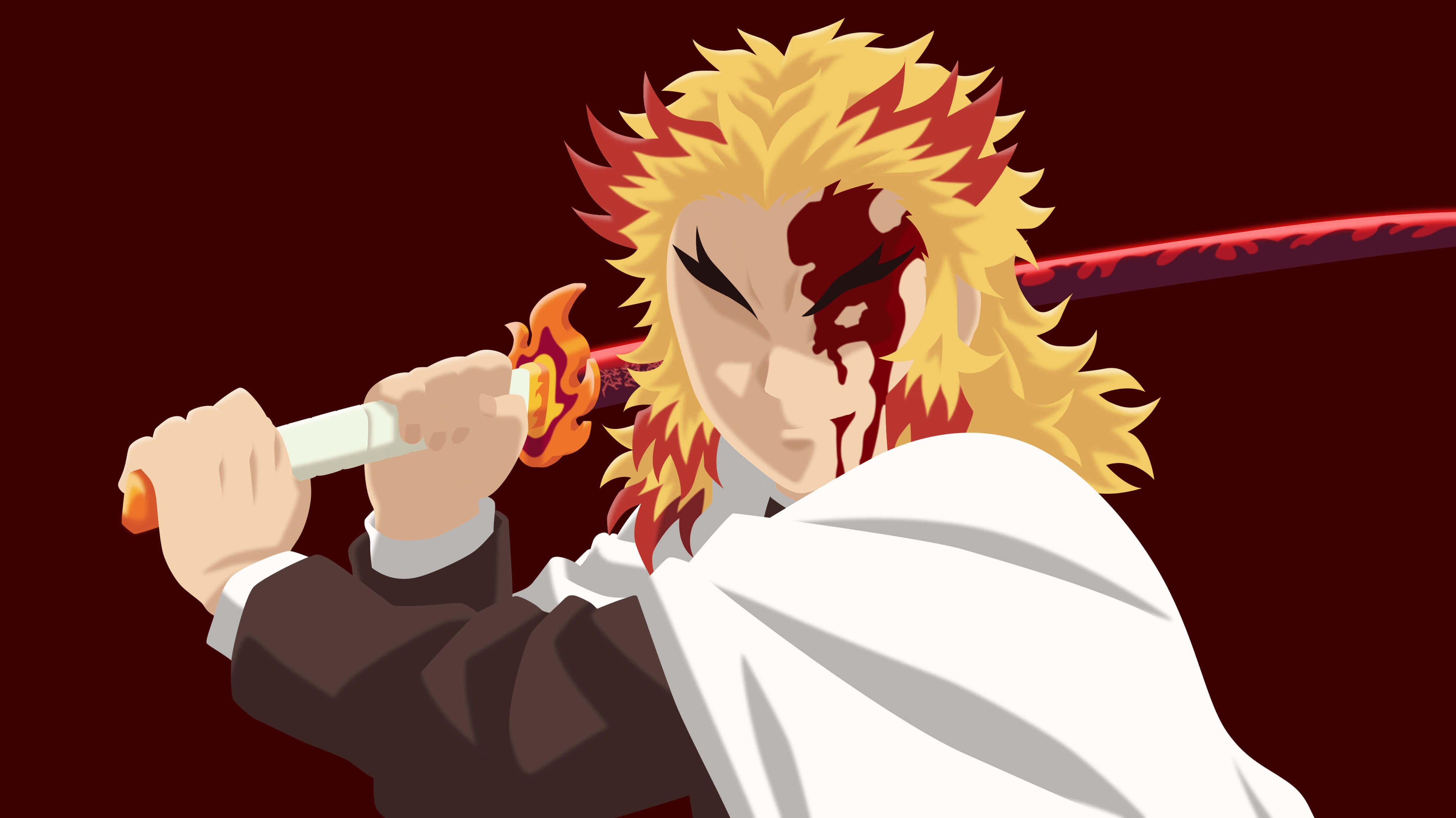 Rengoku Minimalist 桌布 壁紙 — 一位火紅頭髮的動漫戰士，滿臉是血，握著一把燃燒的劍，背景是深紅色。
