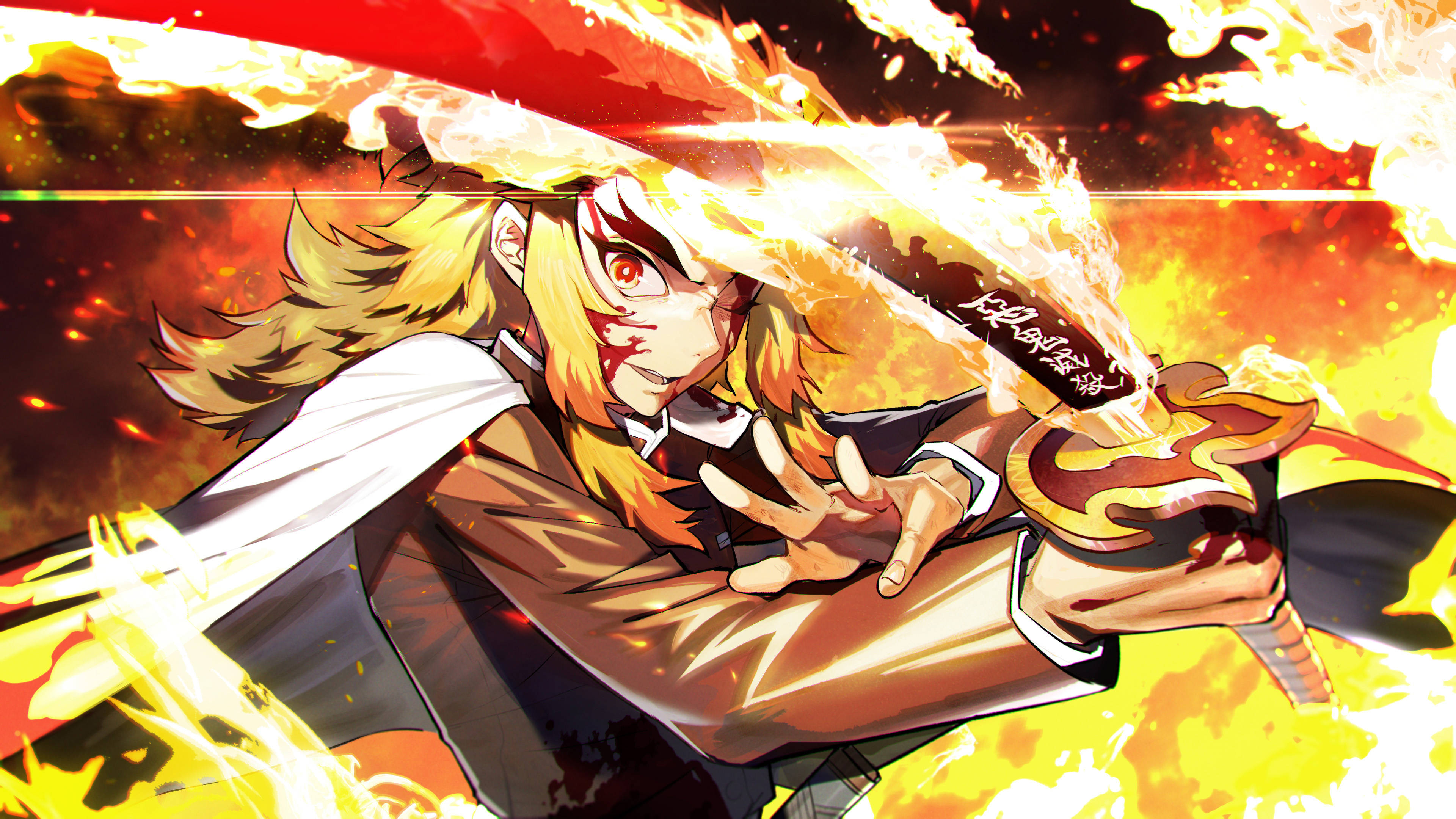 Kyojuro Rengoku 桌布 壁紙 — 一位火紅頭髮的動漫戰士，用火焰劍劈向熾熱的橙紅色背景。