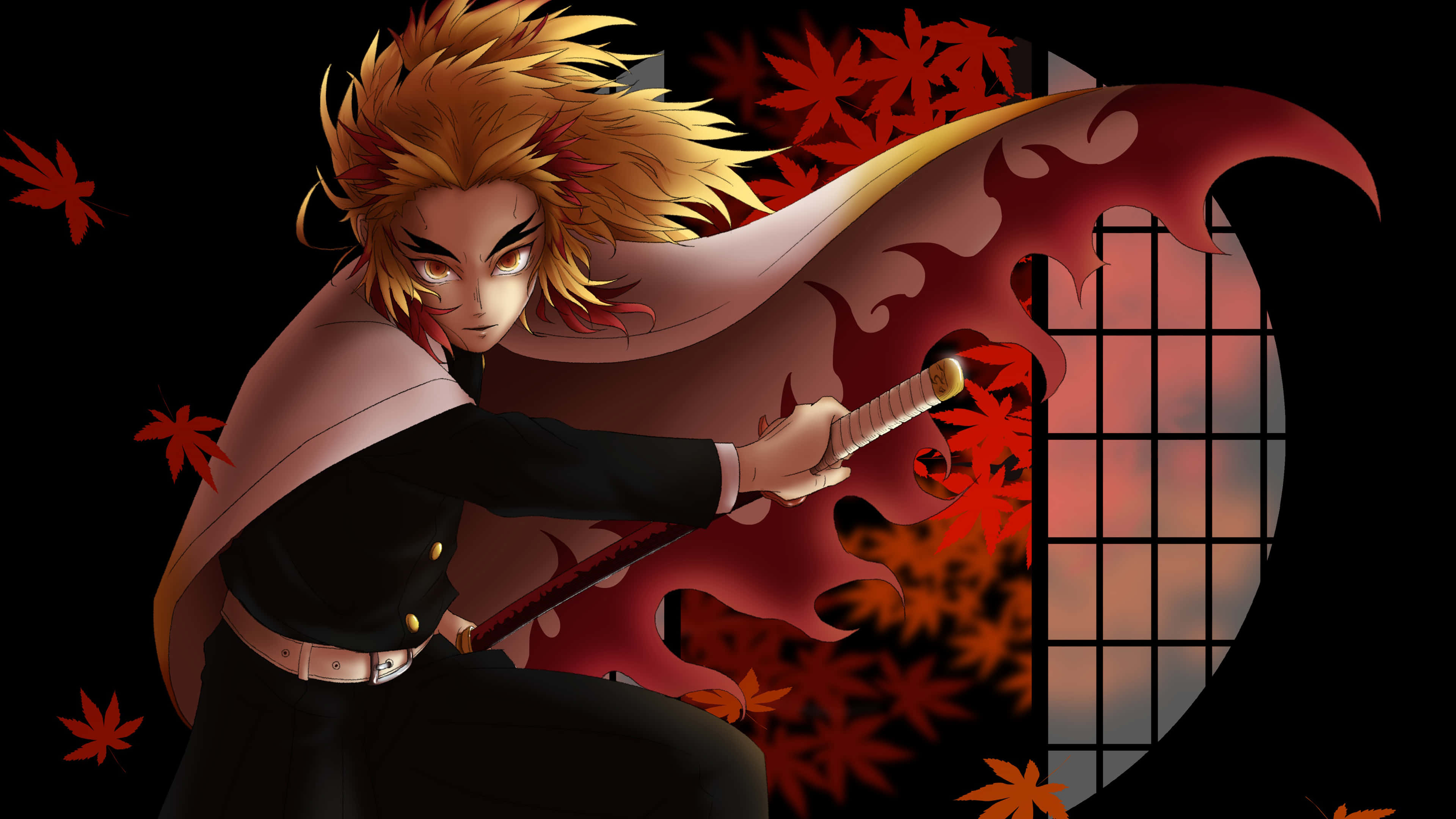 Rengoku Sword 桌布 壁紙 — 一位火紅頭髮的動漫戰士，身穿飄逸的粉紅色斗篷，在紅色楓葉和傳統日本窗戶的背景下握著劍。