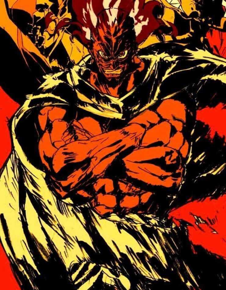 Lordgenome 桌布 壁紙 — 一位火紅頭髮的動漫戰士，雙眼發光，肌肉發達的手臂因憤怒而緊握，背景是鮮明的紅色和黃色。