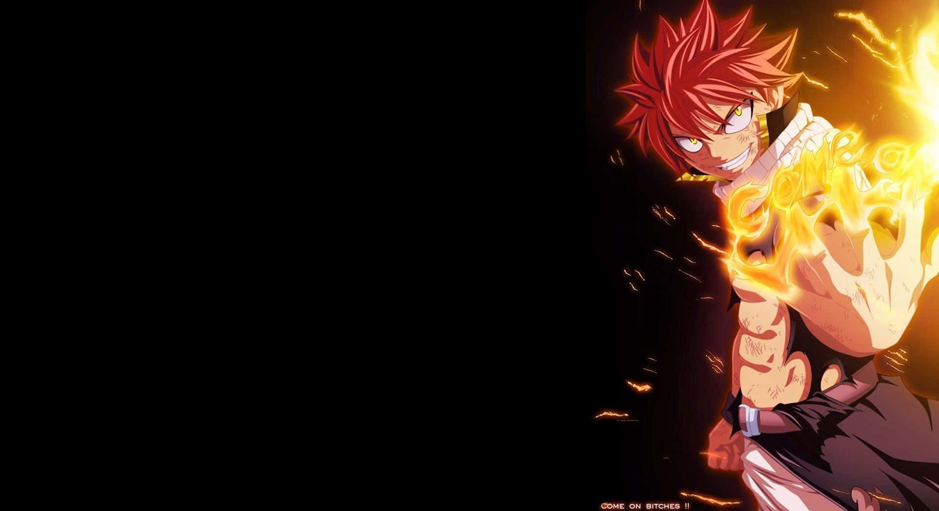 natsu dragneel 桌布 壁紙 — 一位火紅頭髮的動漫戰士，雙眼發出強烈光芒，對黑暗虛空釋放出熾熱的魔法攻擊。